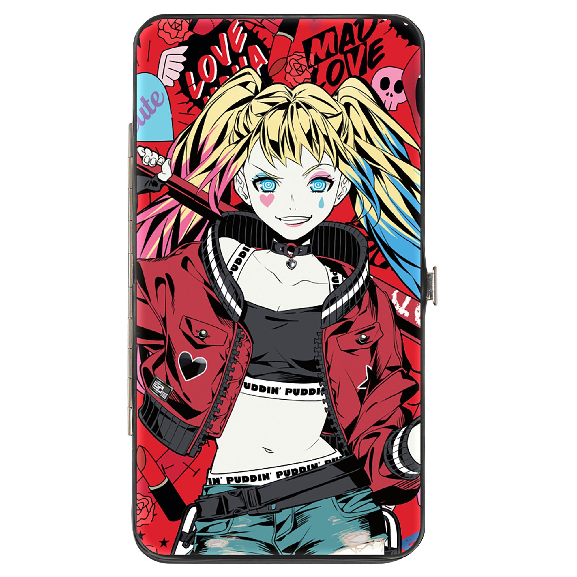 Buckle-Down DC Comics Wallet, Hinged, Harley Quinn Pudding Anime Poses and Icons Collage Red Black, Vegan Leather