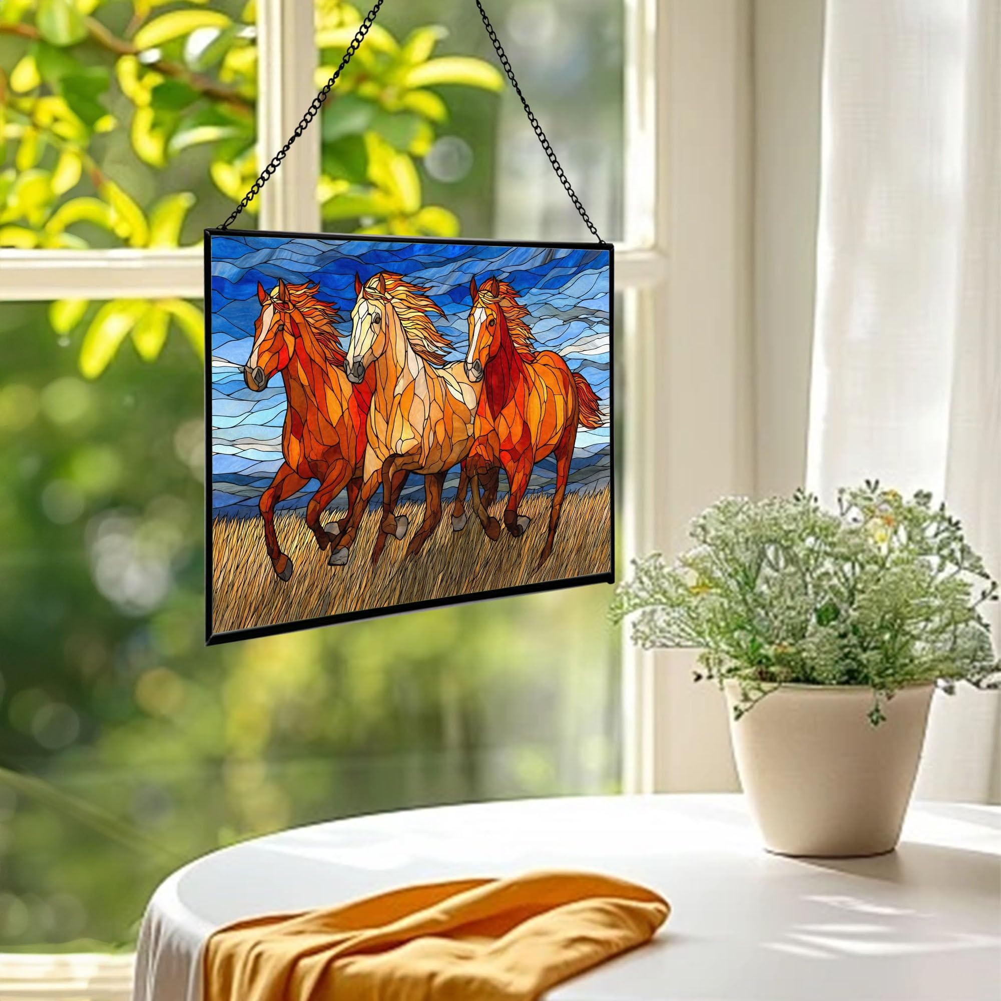 Colorful Horses Running Free Rectangular Stained Glass Suncatcher – Hanging Window Panel with Animal & Nature Scene – Vibrant Glass Art Gift for Wildlife, Fantasy, Nature Lovers WXy5Eu