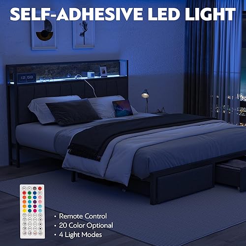 Miniatura 5 de Base de cama de tamaño matrimonial con cabecera y almacenamiento, plataforma de cajones con estación de carga de almacenamiento, marco de cama con