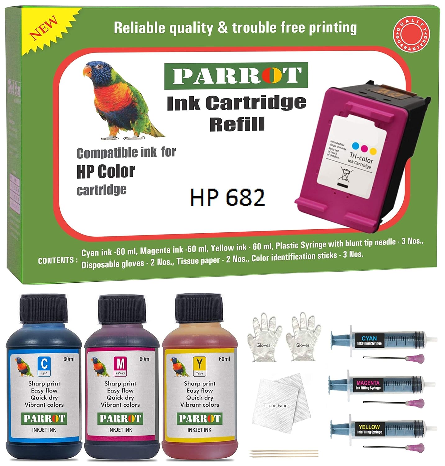 Parrot Refill kit Suitable for HP 682 Color Ink Cartridge for deskJet