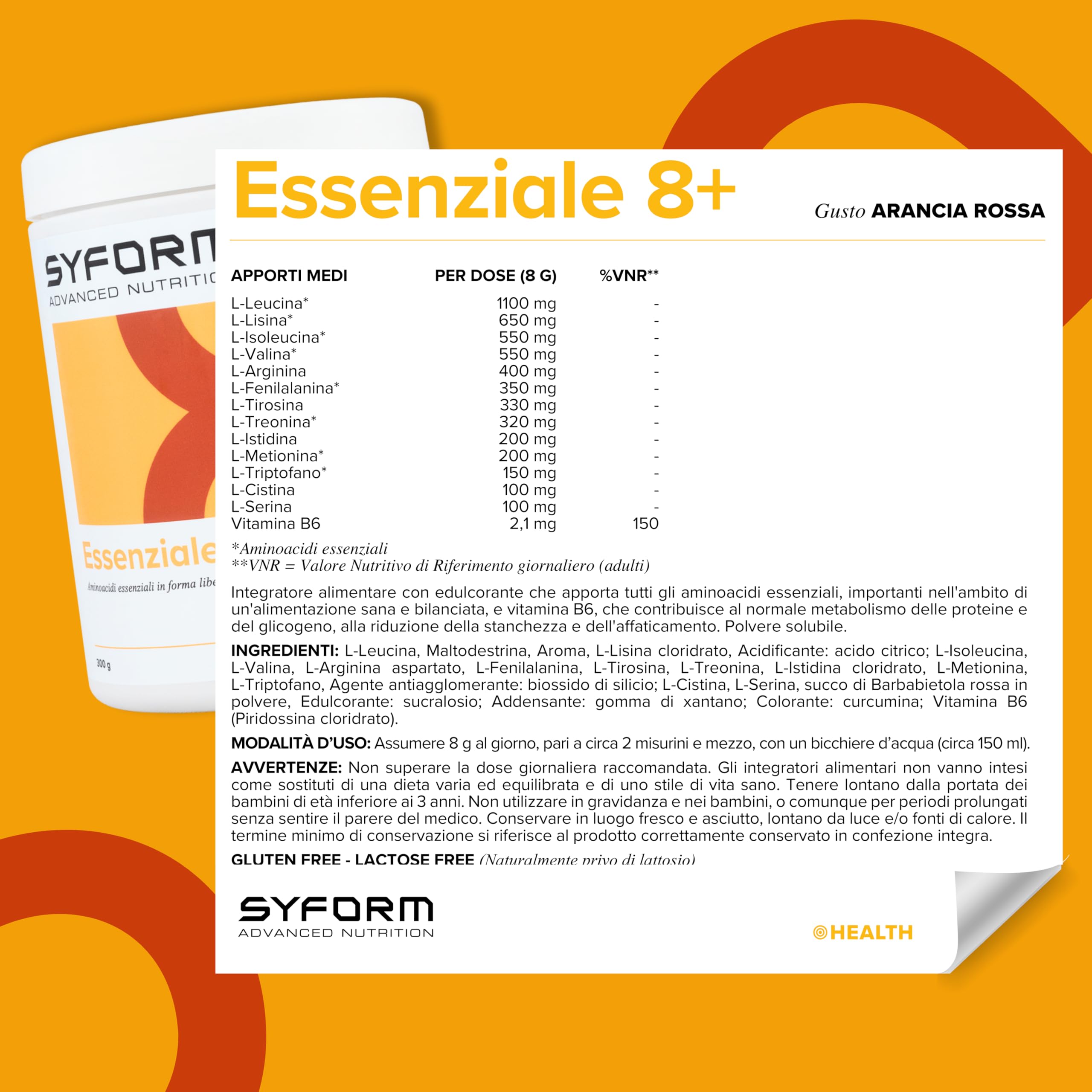 ESSENZIALE 8+, Aminoacidi essenziali e semi-essenziali in forma libera, Adatto ai vegani, Senza Glutine, Senza Lattosio, ARANCIA ROSSA 300 G