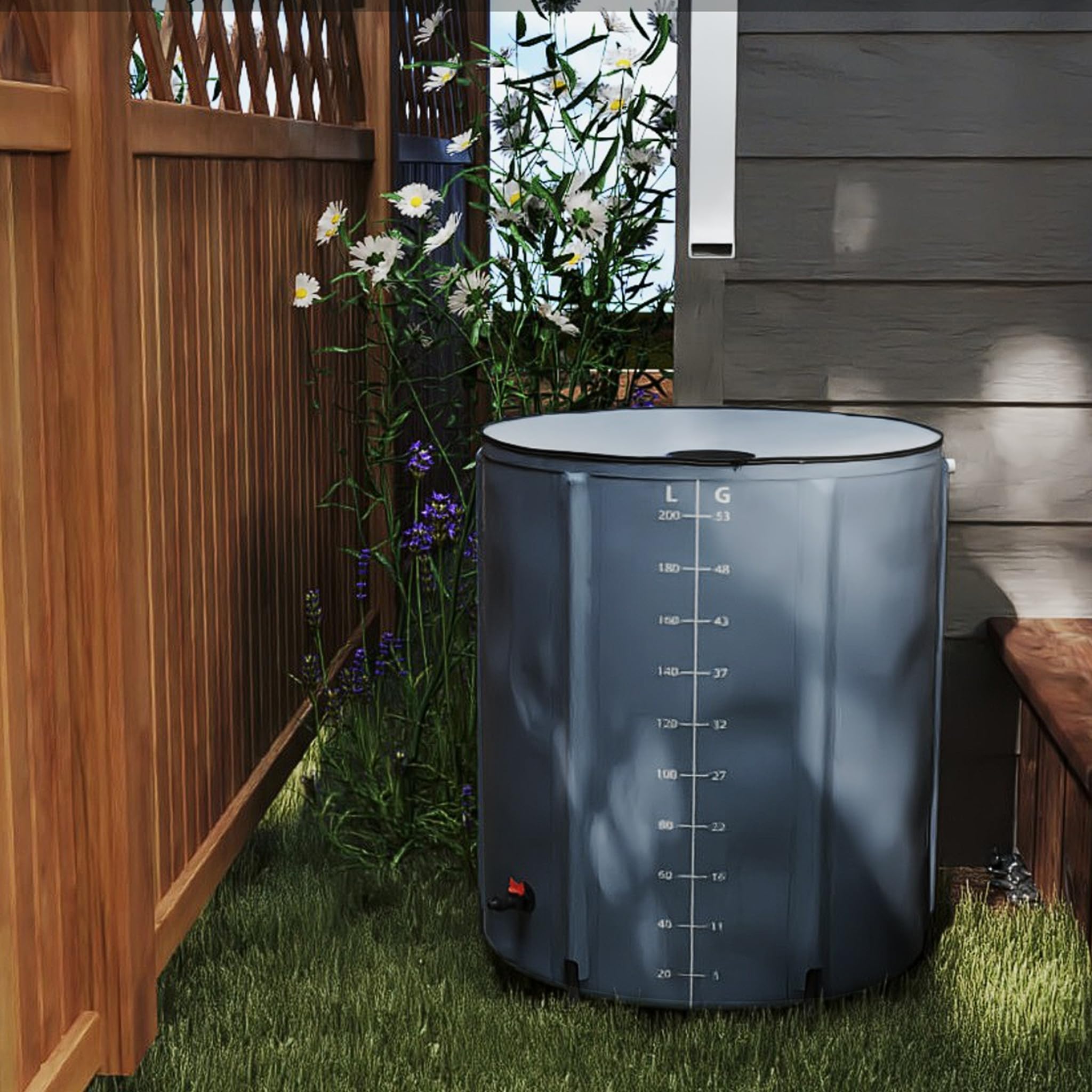 Faltbare Regentonne 200L, Regenwassertank mit Deckel & Wasserhahn, Regenfass Garten wasserdicht, UV-beständig, PVC Regenwasserbehälter für Garten, Balkon & Camping, Dunkelgrau