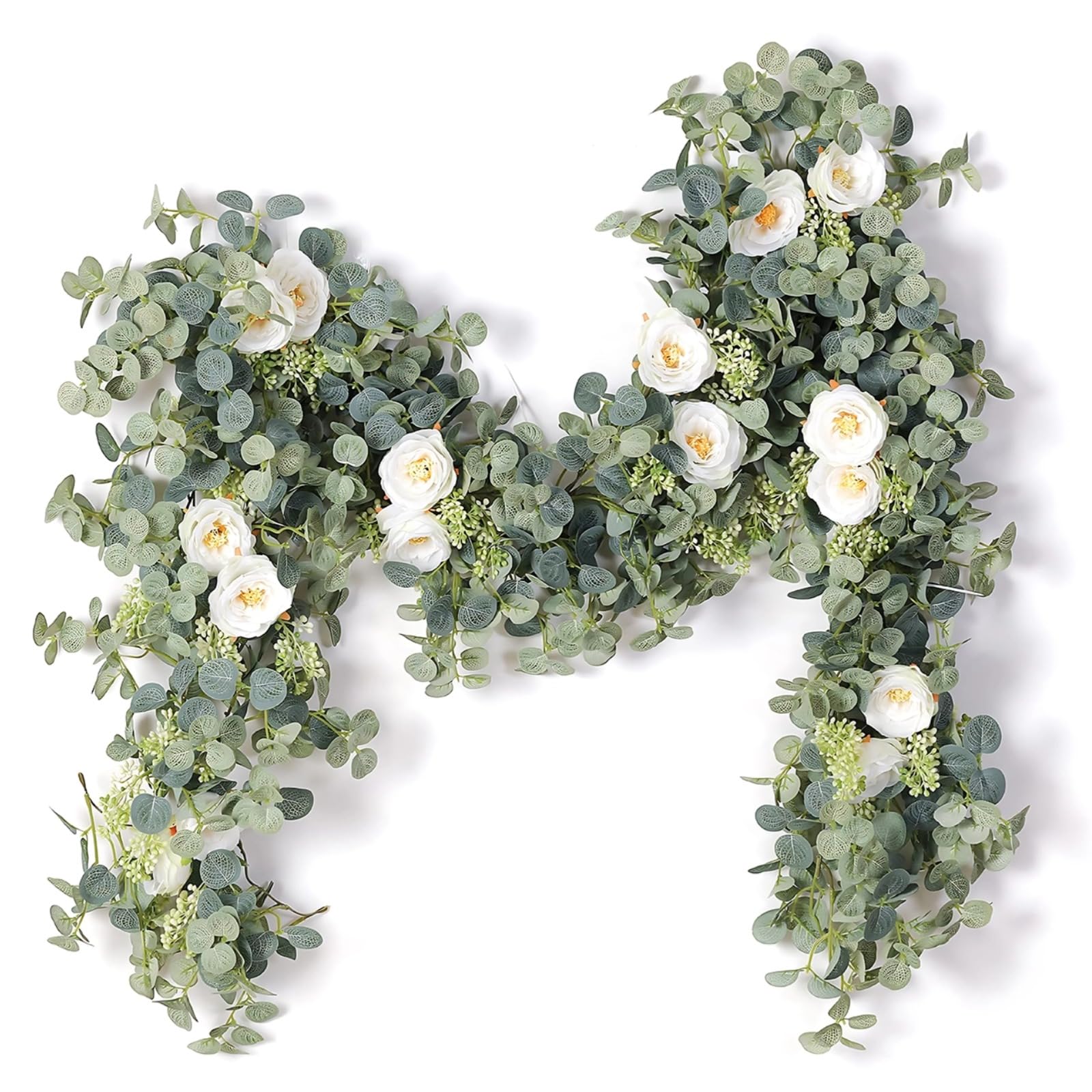 Eukalyptus-Girlande 78 Zoll, 198,1 cm Blumenvine mit künstlichen Blättern und Kamelien, künstliche Blattgirlande für Zuhause, Hochzeit und Restaurant, dichte grüne Optik für Elegante Dekoration