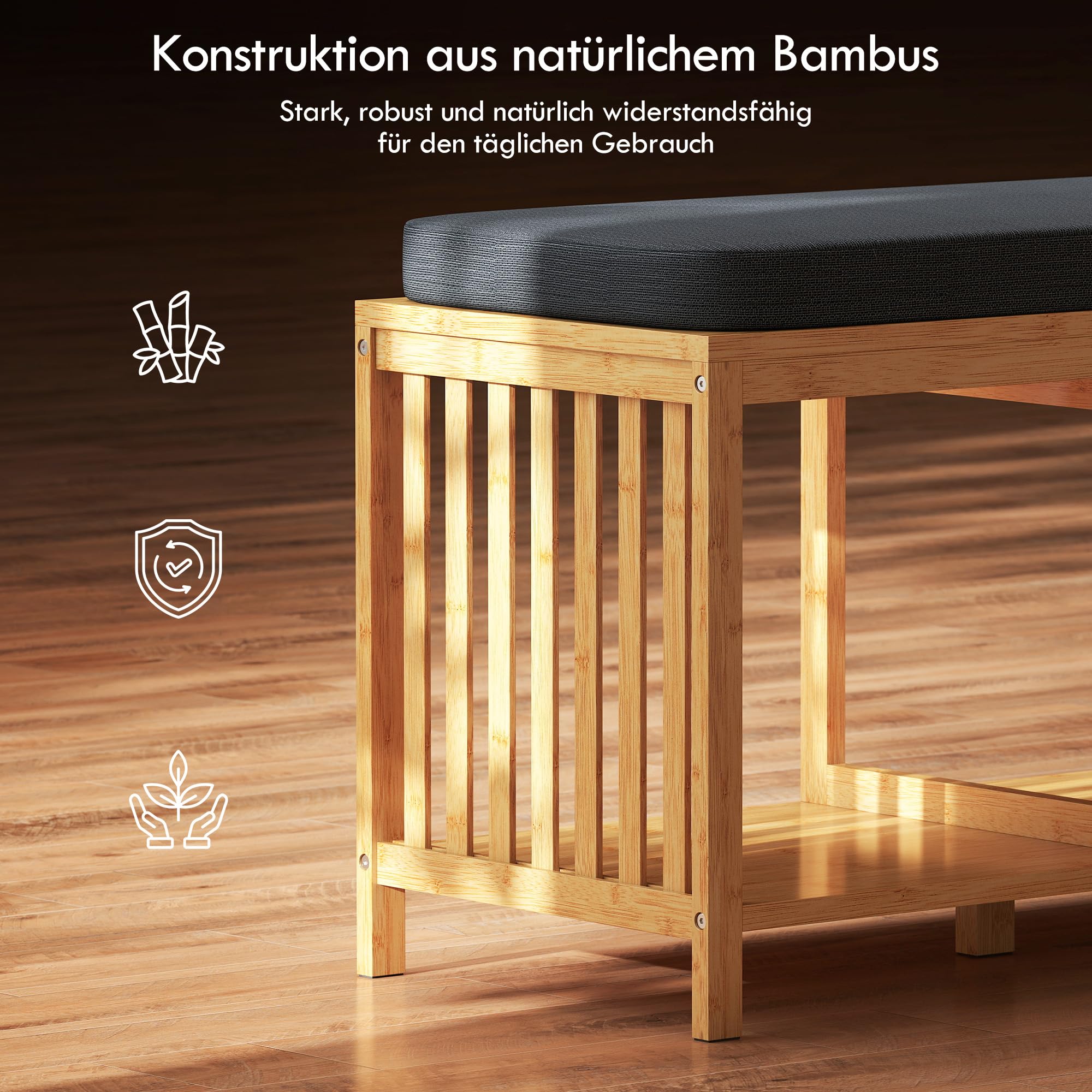 HOMCOM Schuhbank mit Sitzfläche mit Stauraum 102 x 33 x 45 cm Naturholz | Schuhregal, Sitzbank aus Bambus mit Offener Ablage, Leinenoptik, für Flur und Eingangsbereich