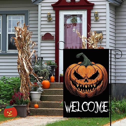 Miniatura 5 de Bandera de bienvenida de Halloween de 12 x 18 pulgadas, decoración de césped de arpillera vertical de doble cara de calabaza aterradora para