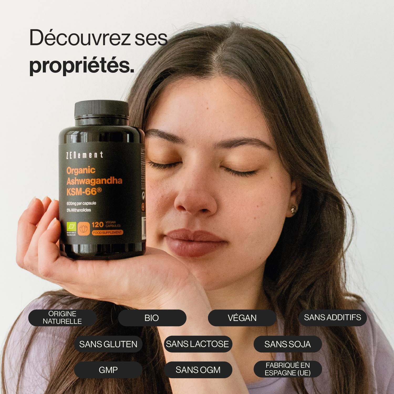 Ashwagandha KSM-66 Bio - 600mg par Gélule - Extrait de Racine avec 5% de Withanolides - Formule Végane Sans Additifs - 120 Gélules - Cure de 4 Mois - Zenement