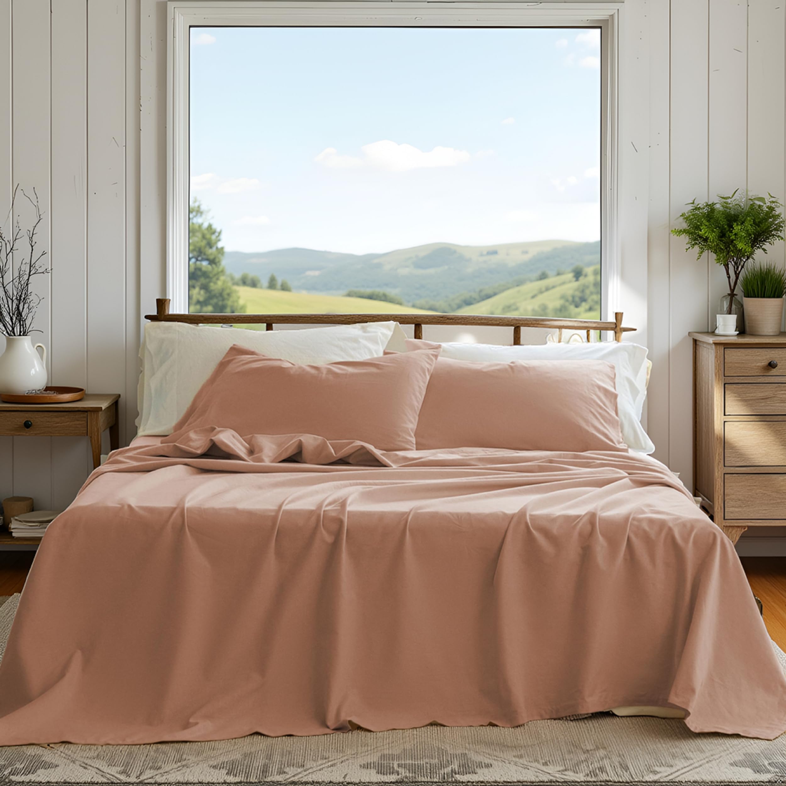 Linen Sheets King Size, Linen Cotton Blend Bed Sheets Set 4 Pieces, 1 Flat Sheet, 1 Fitted Sheet and 2 Pillowcases, Cooling Breathable Farmhouse Bedding for All Season, Clay