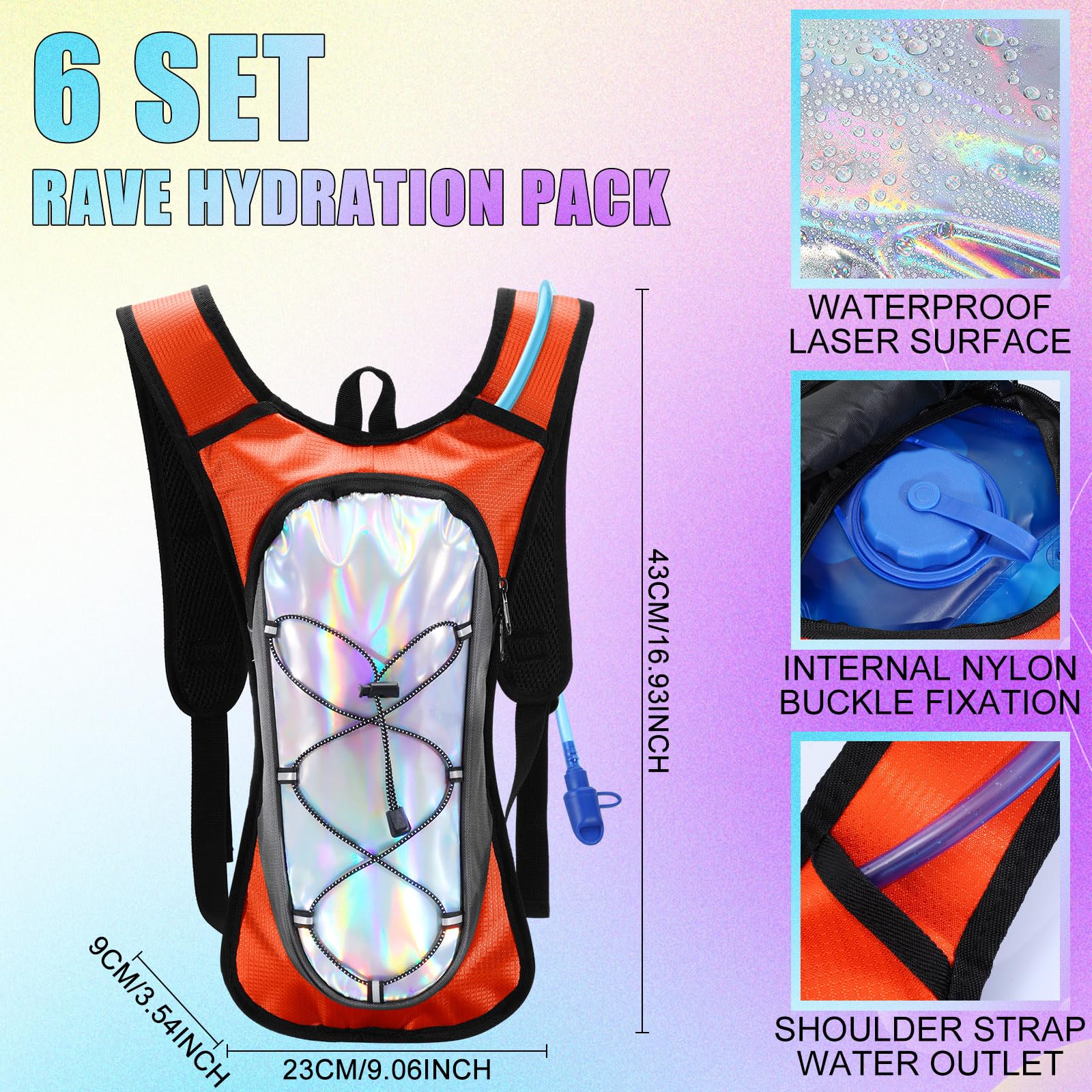 Chunful Lot de 6 sacs d'hydratation Rave avec poche d'eau de 2 L - Sac à dos d'hydratation léger - Sac à dos d'eau musical essentiel pour homme et femme - Pour la course à pied, le cyclisme,