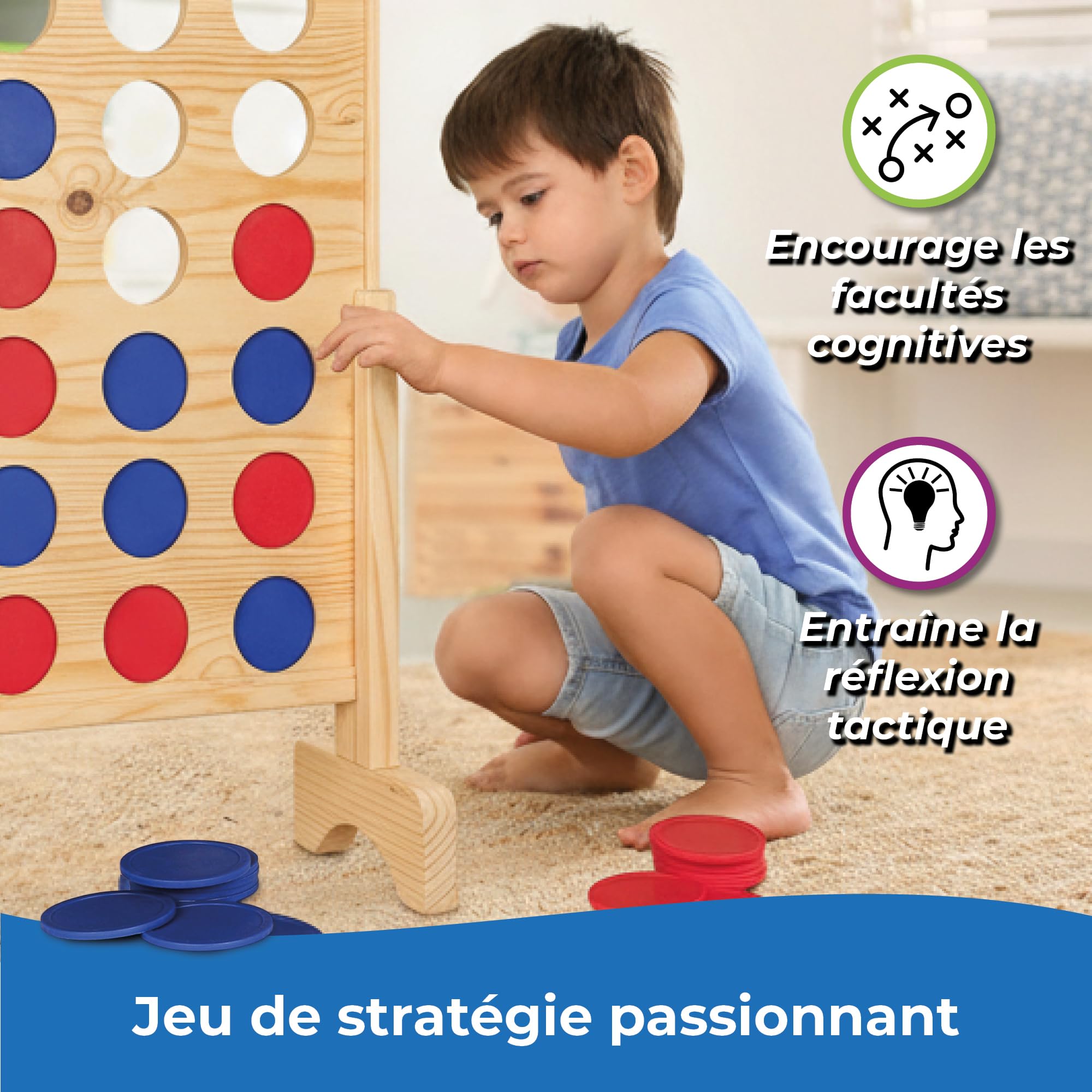Toyfel Puissance 4 XXL Jeu de Societe Nature – Puissance 4 Geant en Bois certifié FSC® – Jeu Exterieur & Interieur – Jeu de stratégie pour Adultes & Enfants à partir de 4 Ans - Ace