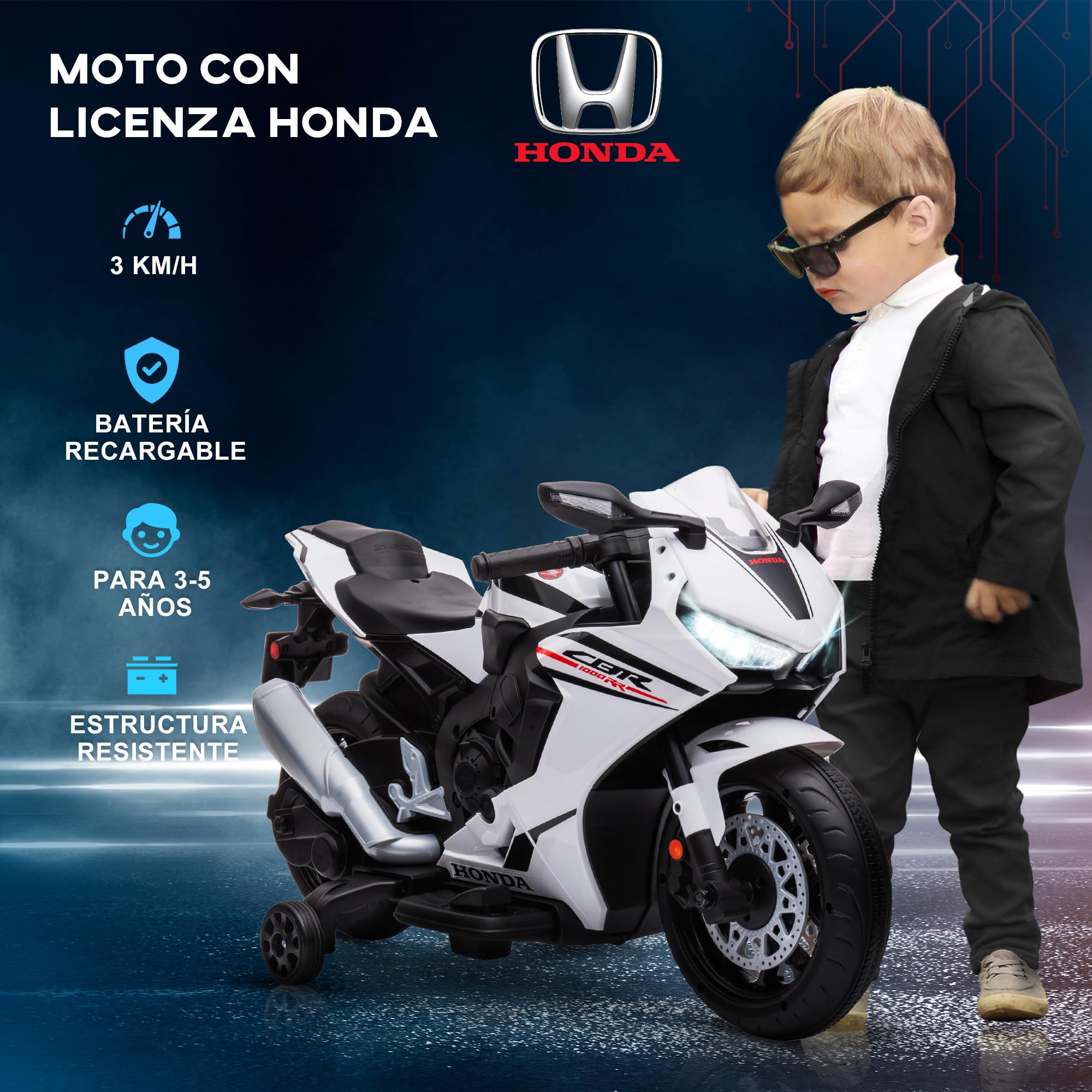 HOMCOM Moto Elettrica per Bambini con Licenza HONDA, Moto per Bambini Elettrica con Batteria 6V Ricaricabile, Velocità 3 km/h, Musica e Rotelle, Bianco