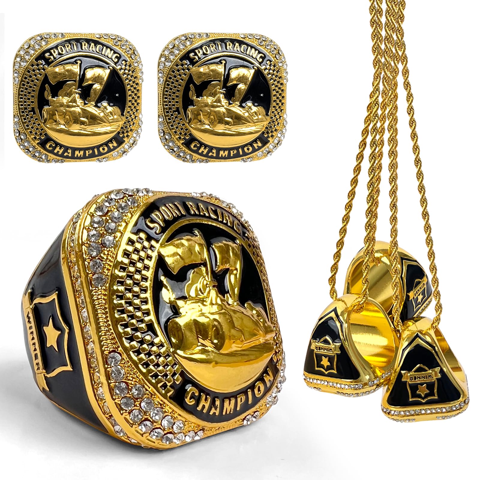 Sitroasho 3 Pcs Racing Championship Trophy Rings with Display Neck Chain,Sport Racing Winner Award Gift for Event Gamer Race Birthday Party Favors
