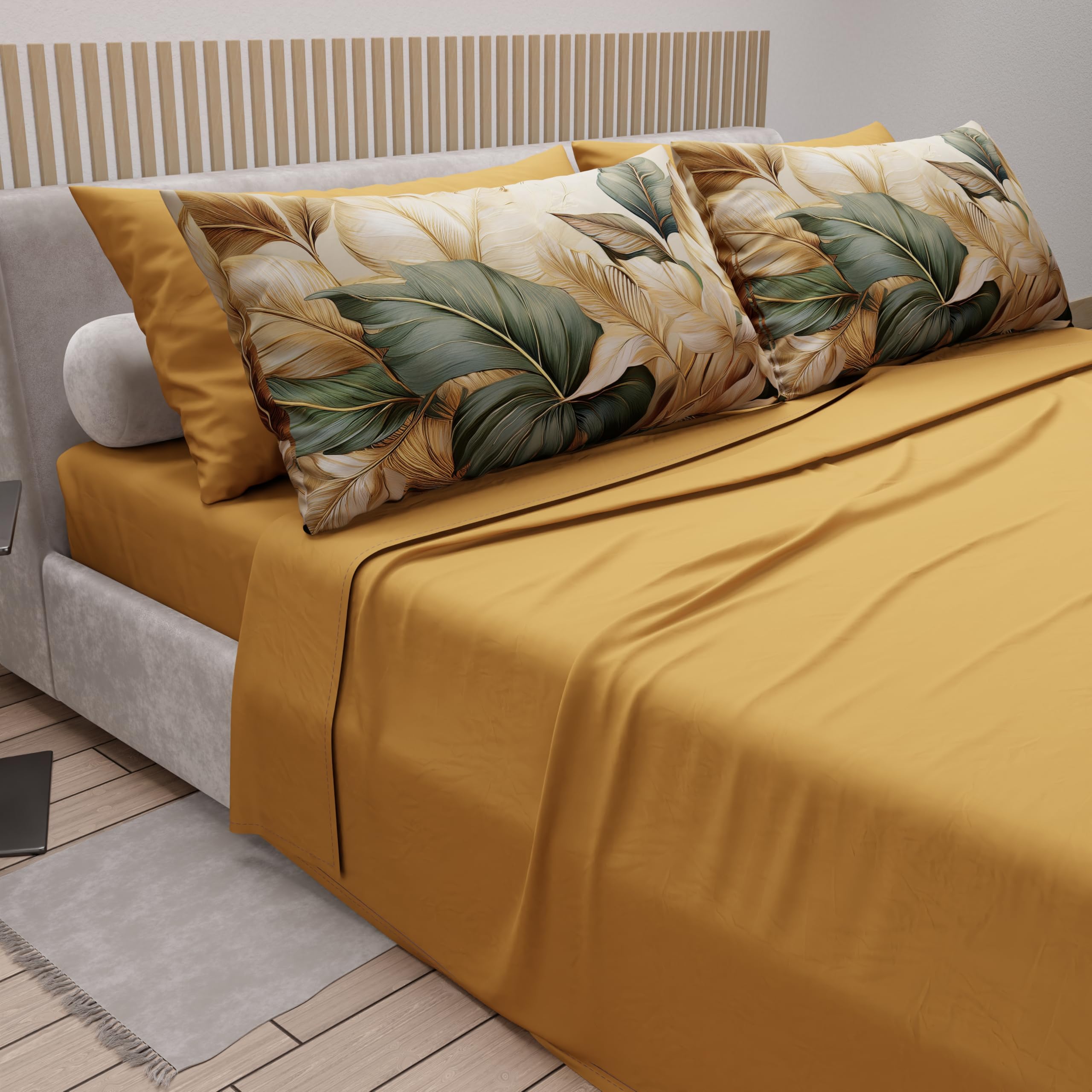 PETTI ARTIGIANI ITALIANI - Juego de Sabanas de Algodon para Cama Doble con Fundas de Almohada y Sábana Bajera 160x200, Diseño Floral 165 Ocre, 100% Fabricado en Italia