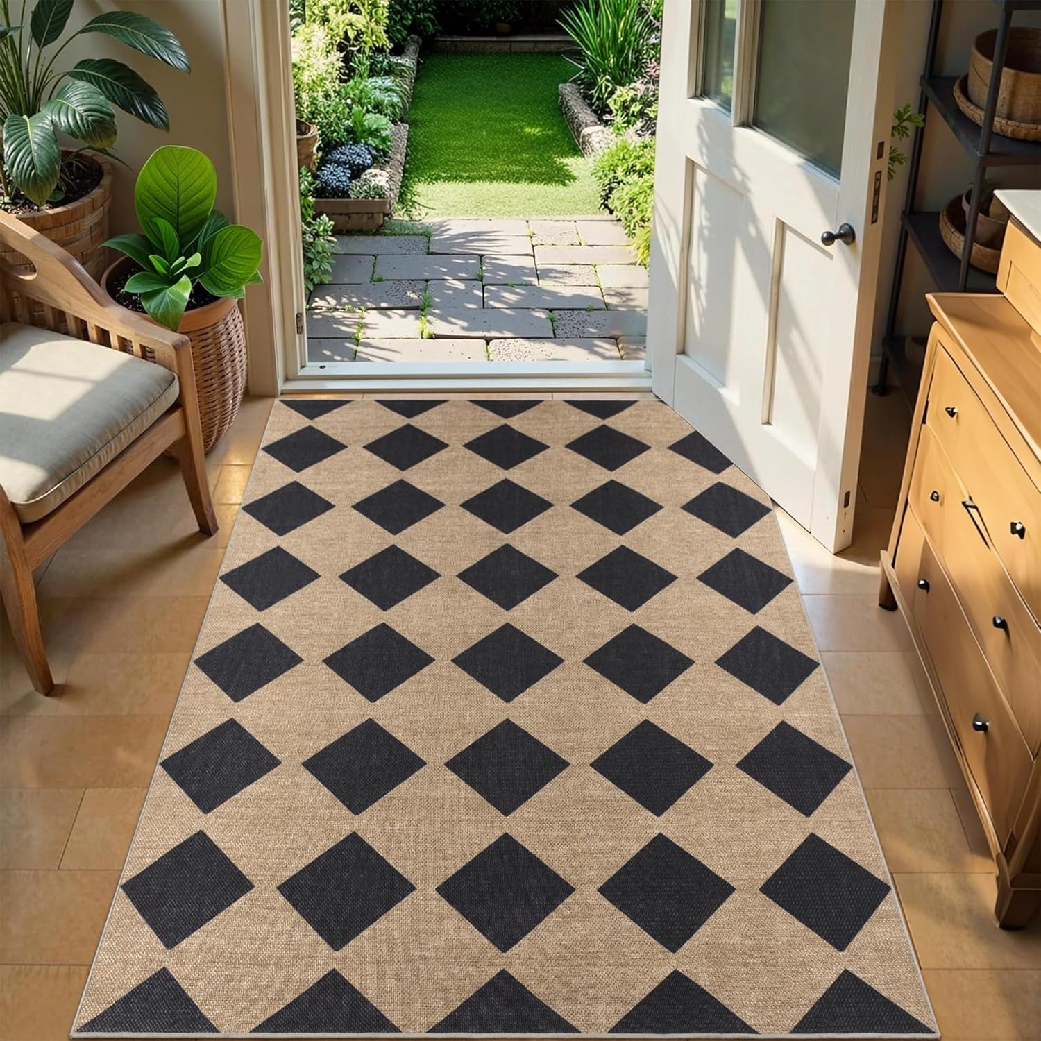 Checkered Easy Jute Rug 3x5 Outdoor Patio Rug Washable Rugs for Entryway Porch Non Slip Neutral Diamond Farmhouse Indoor Outdoor Carpet for Entryway Backyard Patio Office