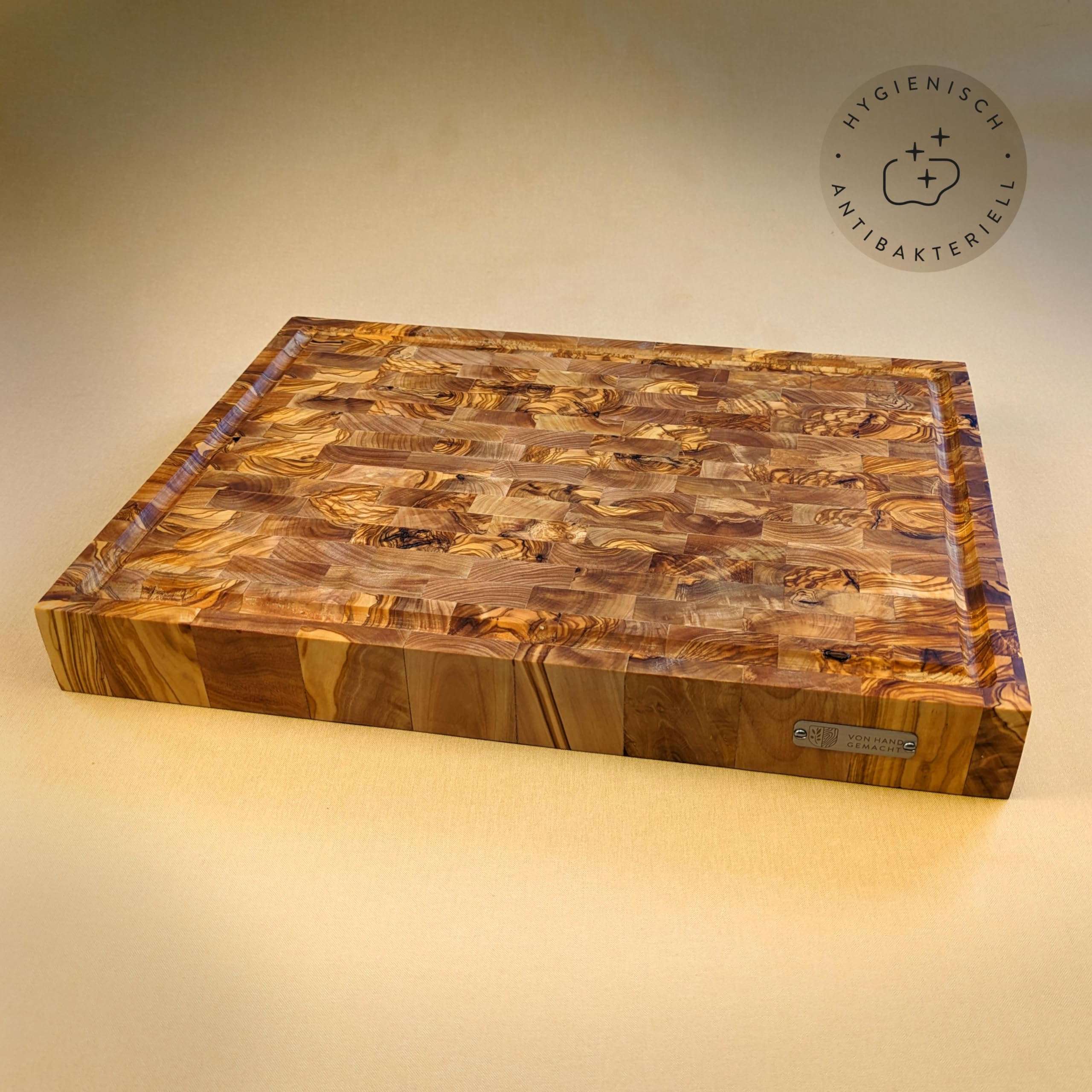DAS OLIVENHOLZBRETT®Mosaik Schneidebrett m.Saftrille/rechteckig 40x30x4,5cm | Exklusives Olivenholz/Hirnholzbrett aus Olivenholz/Stirnholz/massiv/hochwertiges Küchenbrett!