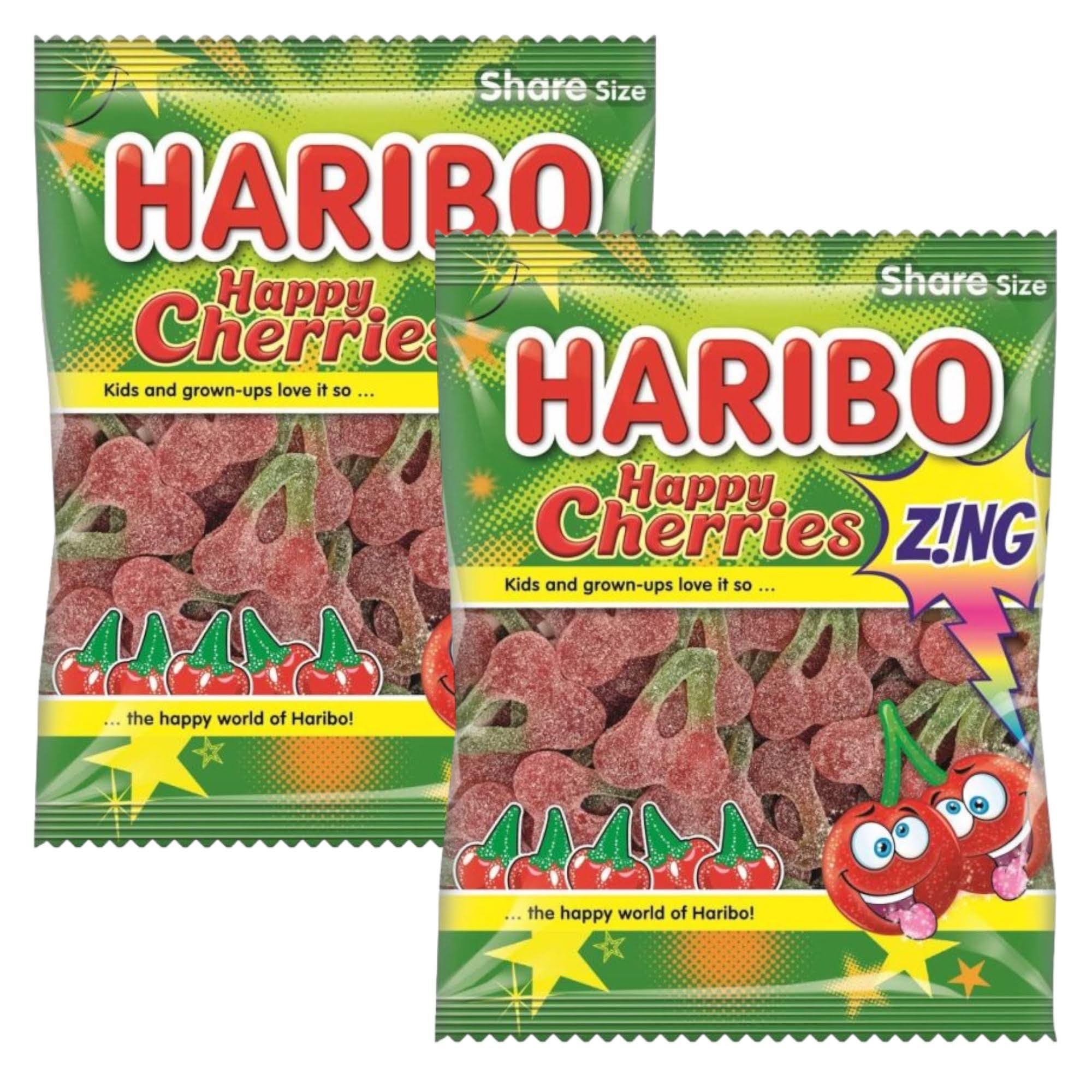 Happy Cherries Zing Fizzy Gummy Sugar Coated Sweets Cherry Flavour 160g - 2x Share Bags