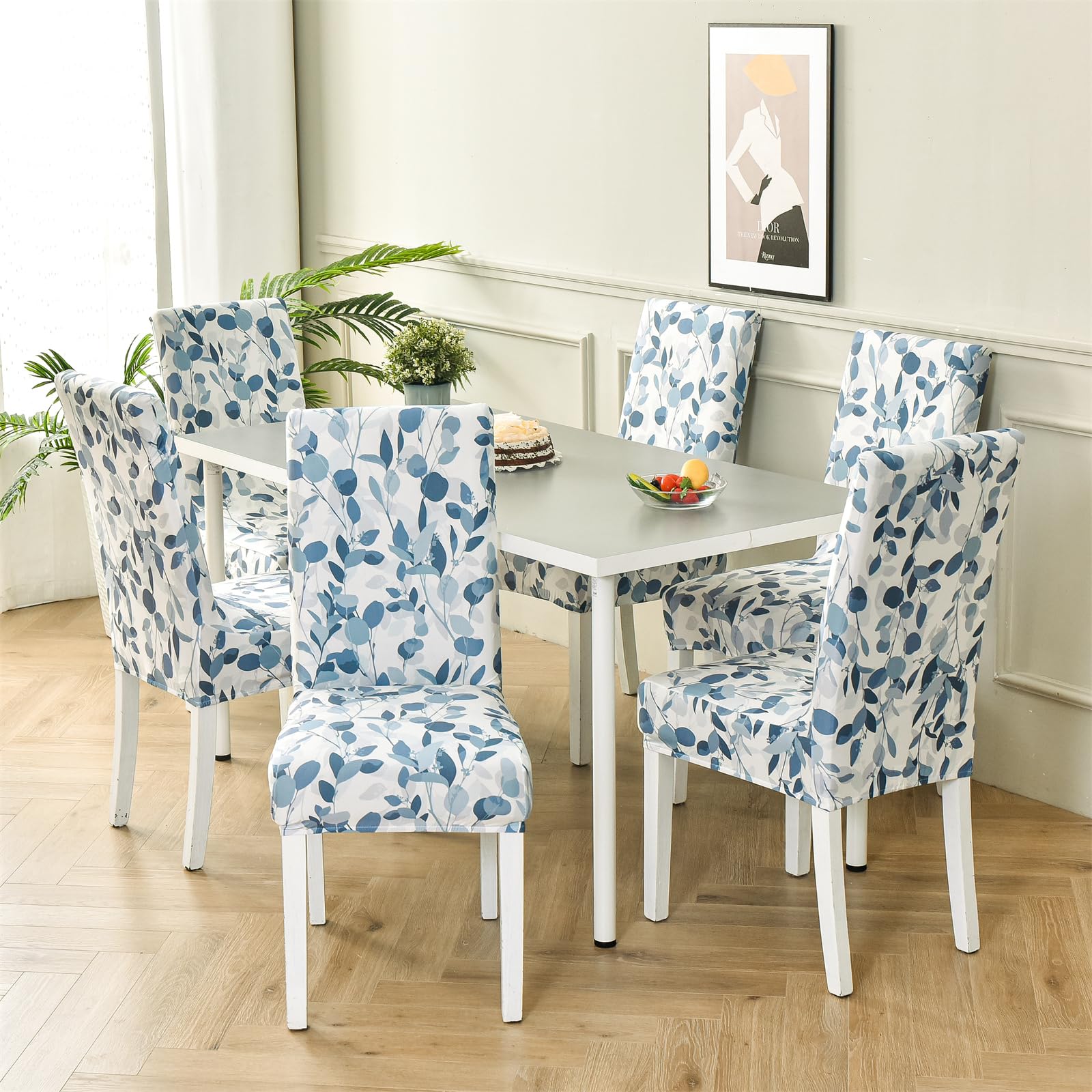 HZDHCLH Chair Covers Set of 4/6 Stretch Modern Chair Slipcovers for Dining Room Kitchen Wedding Party Washable Chair Protector(4pcs,Blue Leaves) - Image 3
