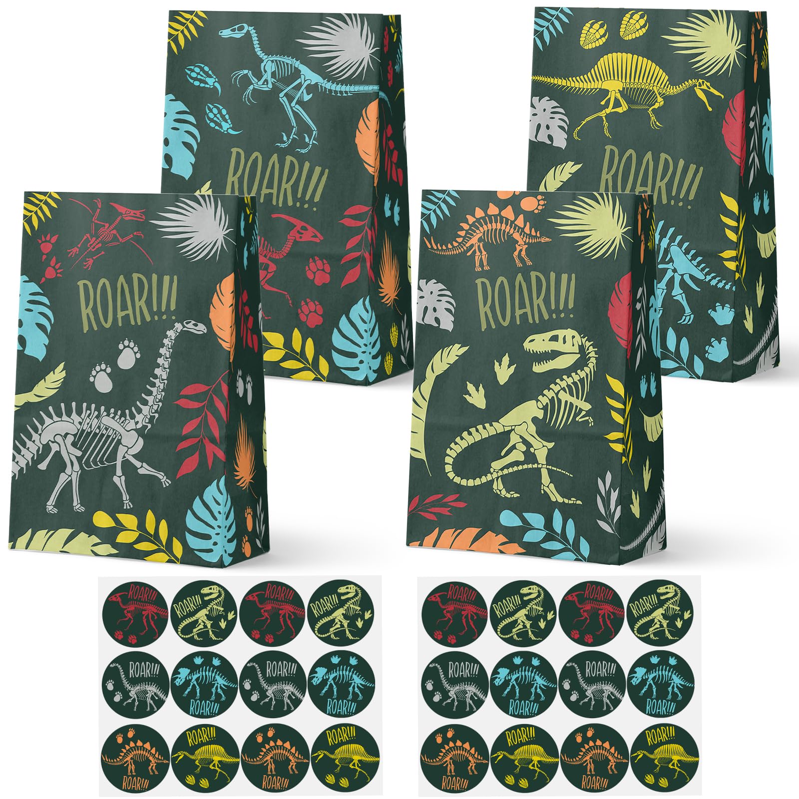 Celee 24-Pack Fossil Party Goodie Bags with Stickers - Ideal for Kids' Birthdays, Baby Showers, and Dinosaur Themed Parties