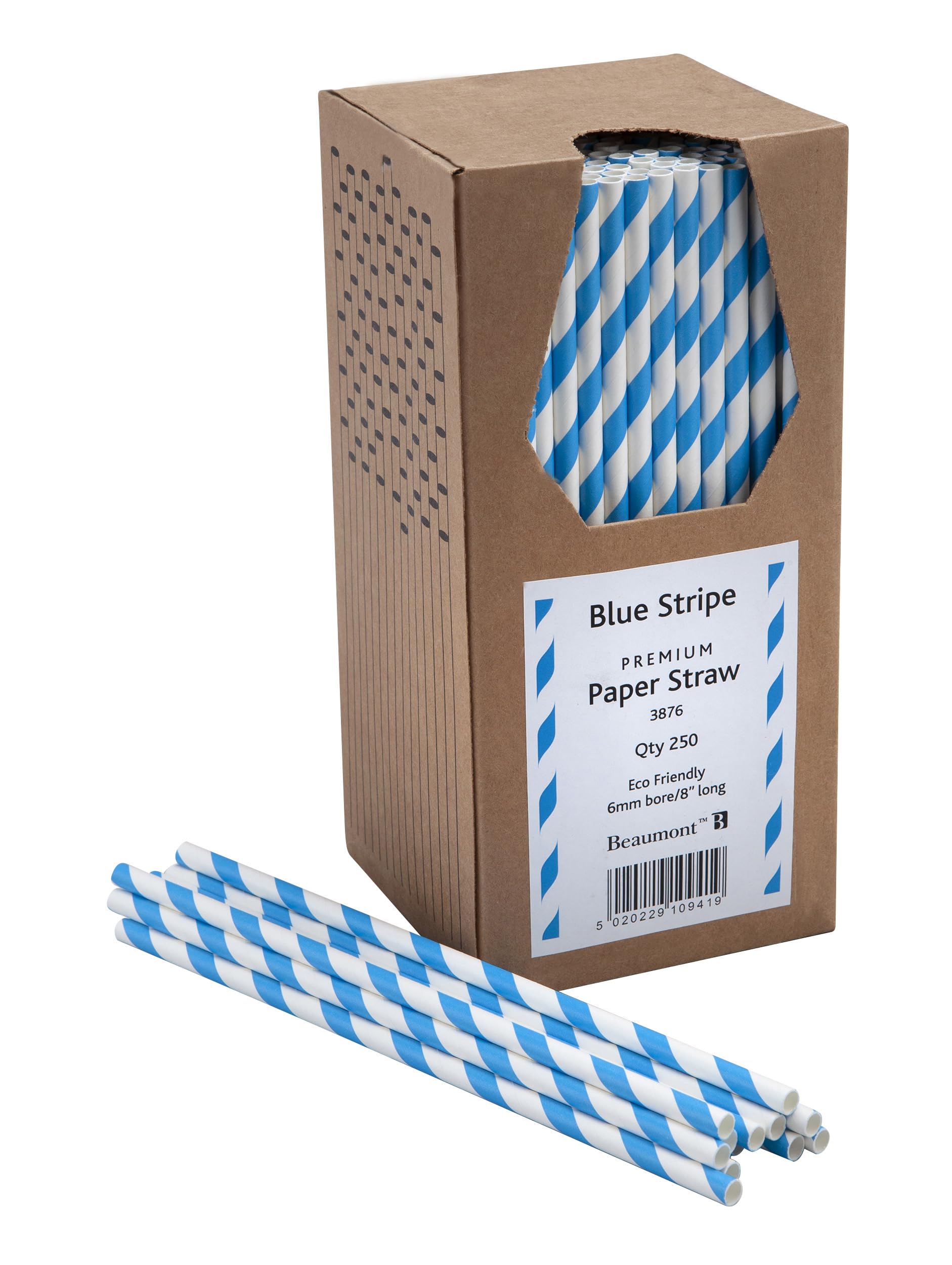 8 Inch 6mm Bore Paper Straw - Blue & White Striped Pk 250