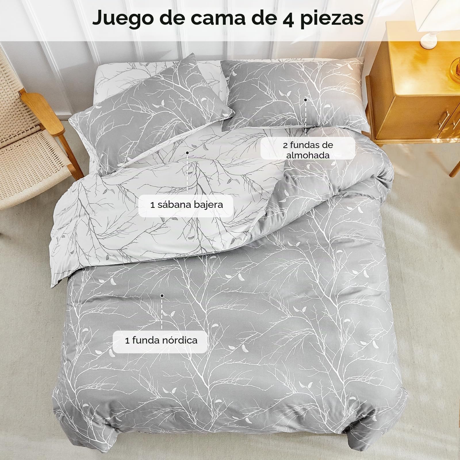 Tokokimo Juego de cama de 4 piezas, funda nórdica de 220 x 240 cm + sábana bajera ajustable de 160 x 200 cm con 2 fundas de almohada de 65 x 65 cm, color gris y blanco