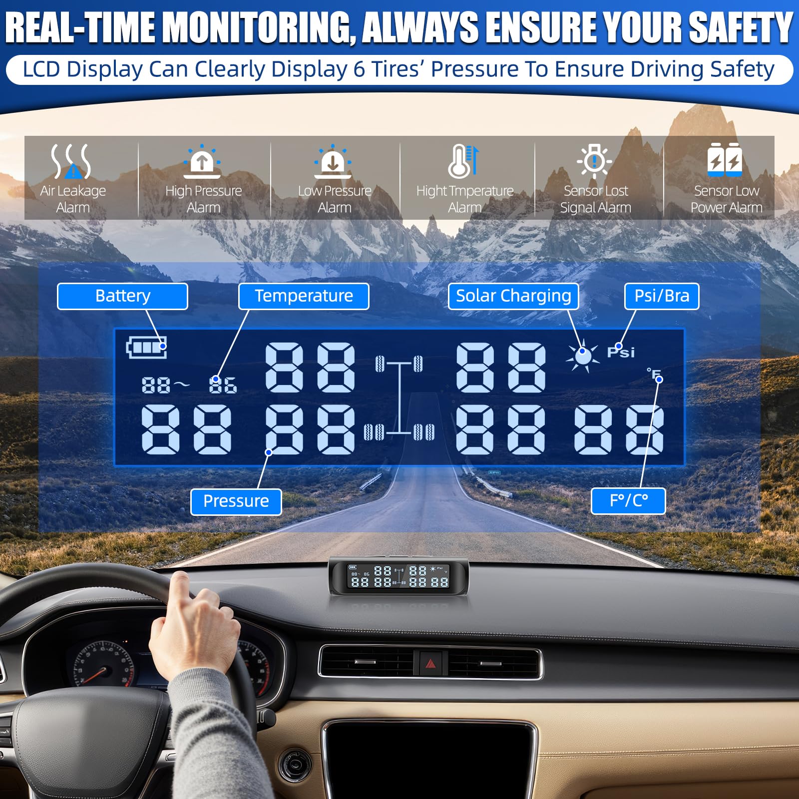 Système de contrôle de pression des pneus solaire pour camping-car avec 6 capteurs externes, système de surveillance de la pression des pneus TPMS sans fil avec mode alarme, 9,9 bar/144 psi