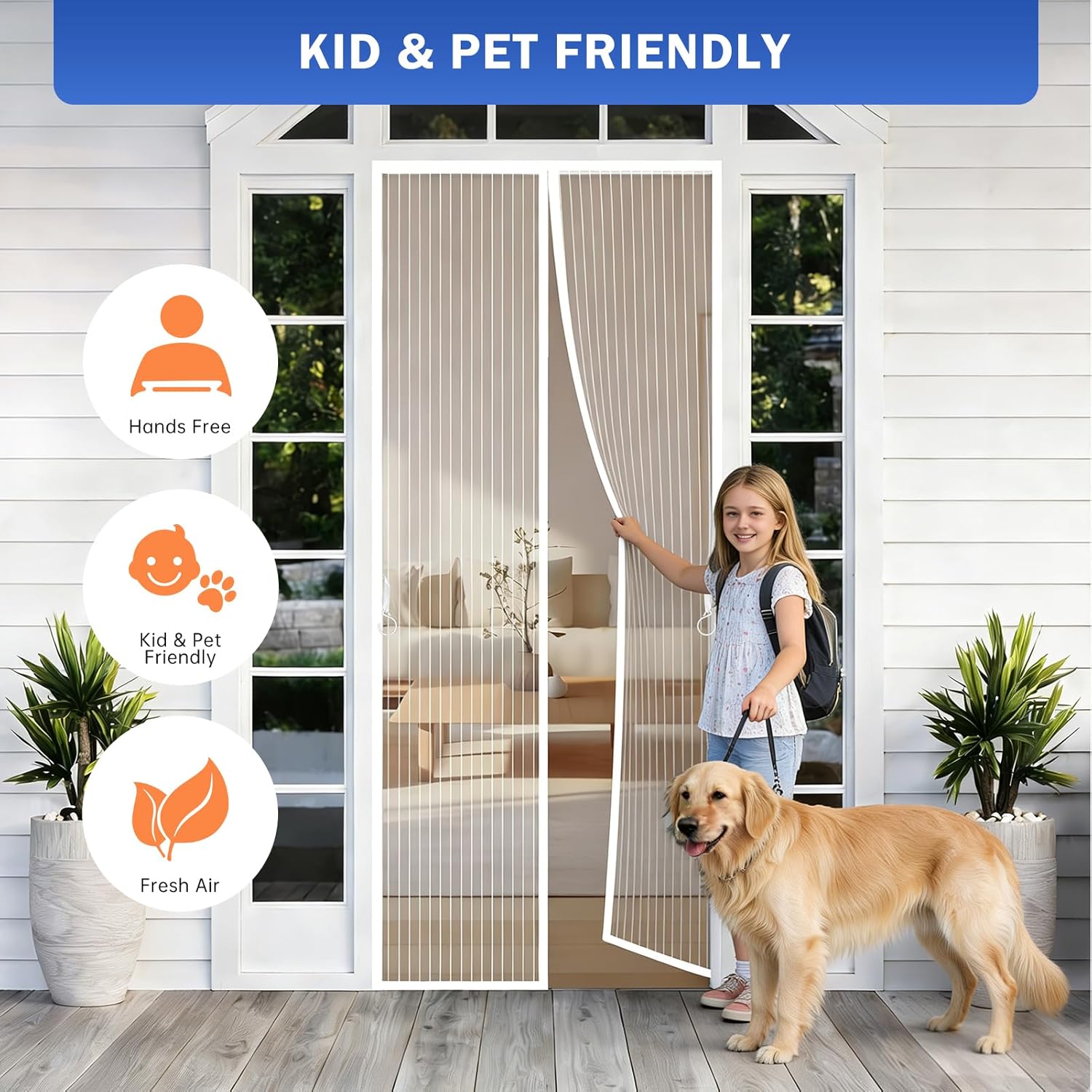 Magnetic Screen Door Fit Door Size 24×72 inch, Screen Itself Size:26"x73", Hands Free Self Sealing, Full Frame Magic Tape Mesh Screen Door with Magnets Heavy-Duty Mesh Curtain for Entry Door-White