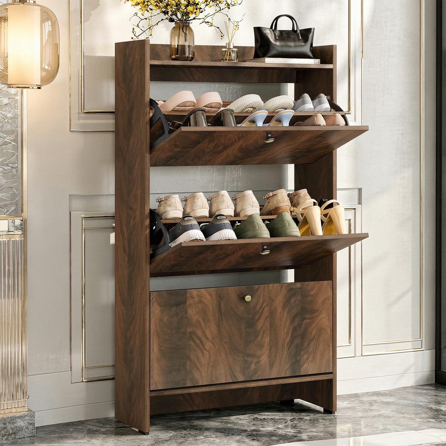 ABOUT SPACE Shoe Cabinet - 5ft 3 Tier Shoe Rack with Flip Drawer| 18-20 Pair Engineered Wood Slipper Stand with Anti-Tipping Protection Removable/Adjustable Panels (Walnut-L73 x B25 x H145cm)