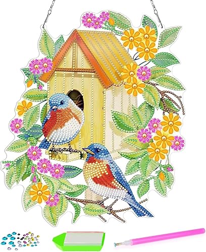 VAIIEYO 1 pieza 5D DIY flores pájaros casa diamante pintura arte corona adornos colgantes, kit de colgante de doble cara con cadena, colgante de