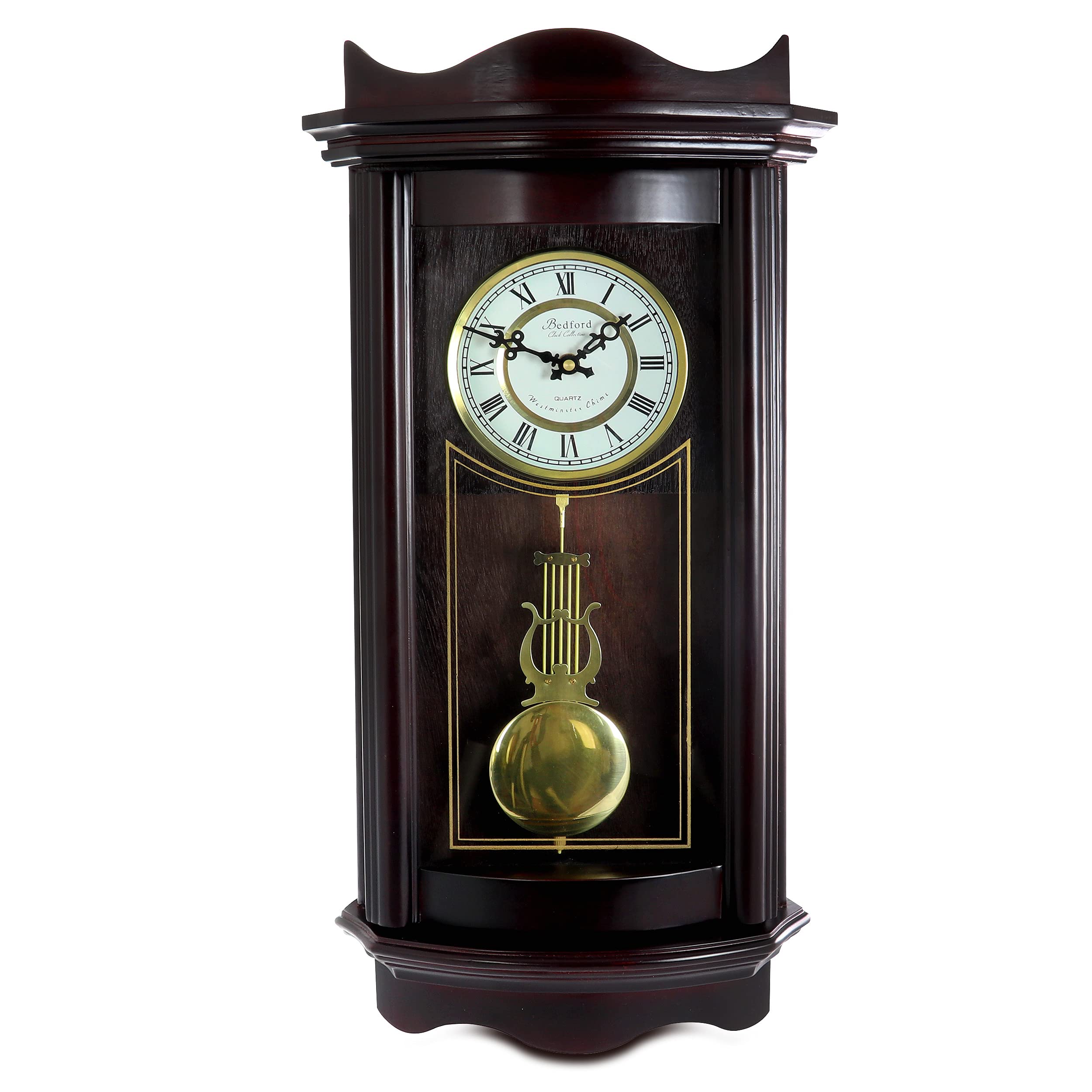 25 Inch Chiming Pendulum Wall Clock in Weathered Chocolate Cherry Finish