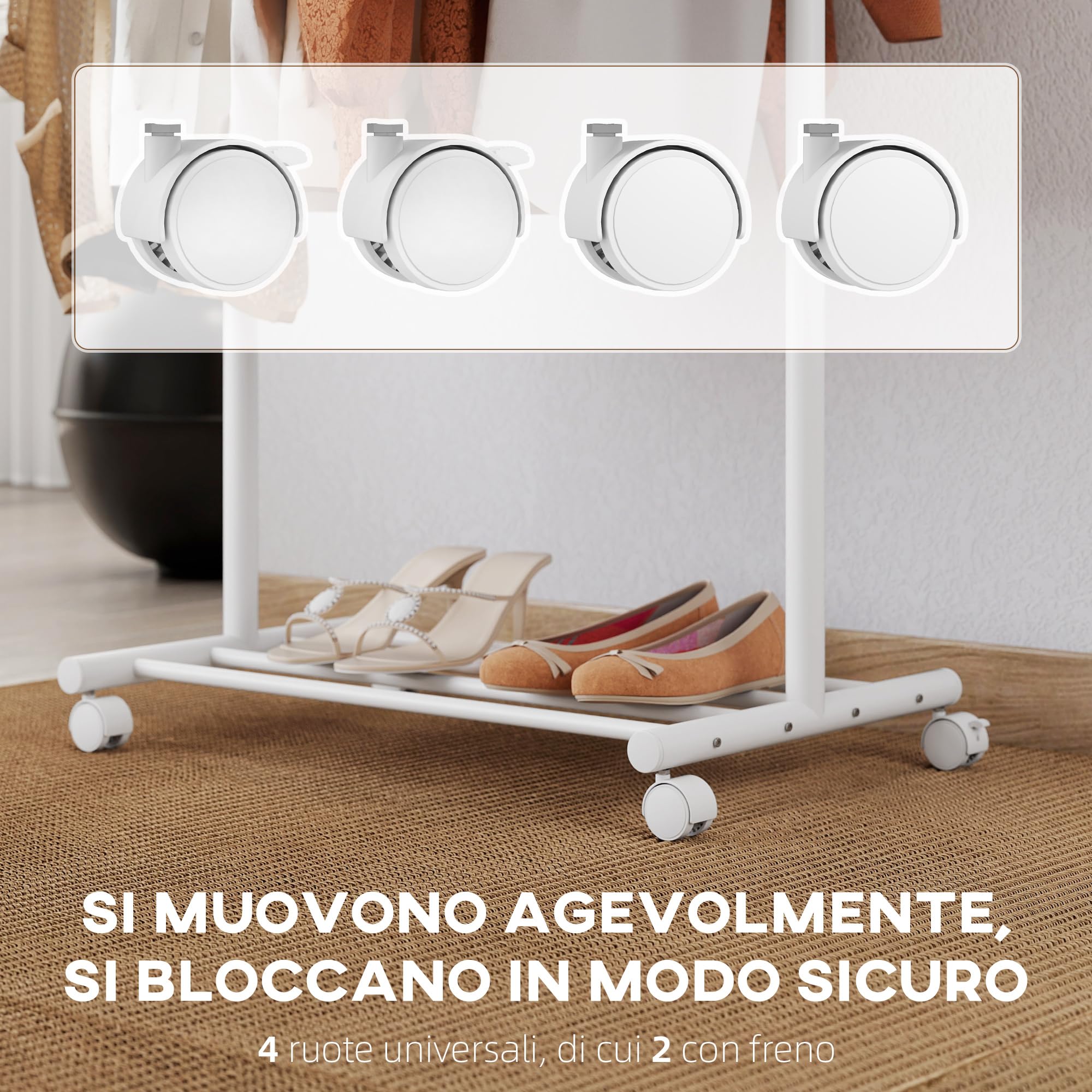 HOMCOM Appendiabiti da Terra con Ruote, Stender per Abiti con 5 Ganci e Ripiano Inferiore Porta Scarpe, per Camera, Ingresso e Corridoio, Bianco