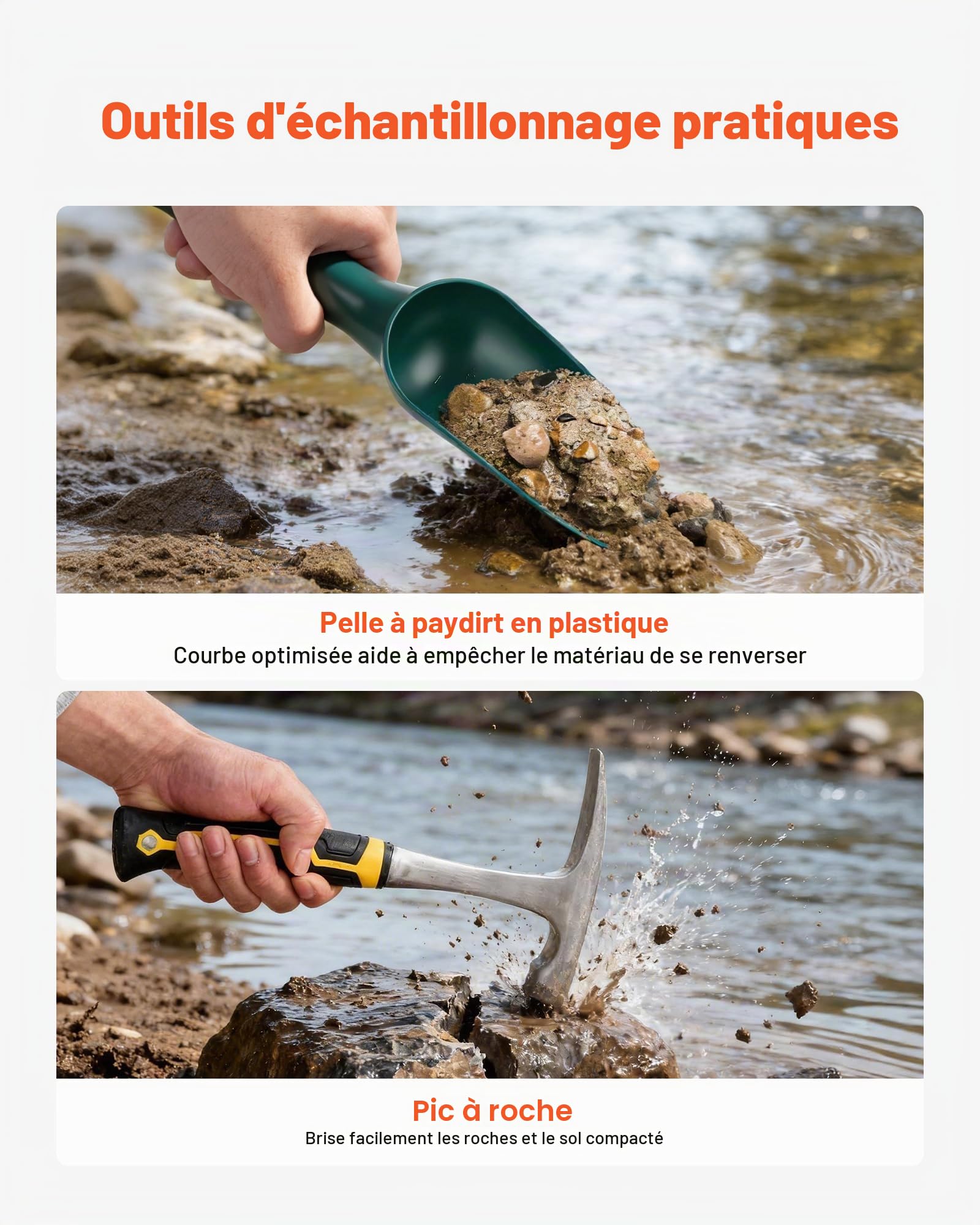 VEVOR Kit Complet d'Orpaillage Portable, Batées d'Orpaillage de 254 mm et 355 mm, 19 Pcs avec Tamis Classificateurs, Aimant pour Sable, Pioche, Pelles, Sac à Dos et Accessoires, pour Prospection d'Or