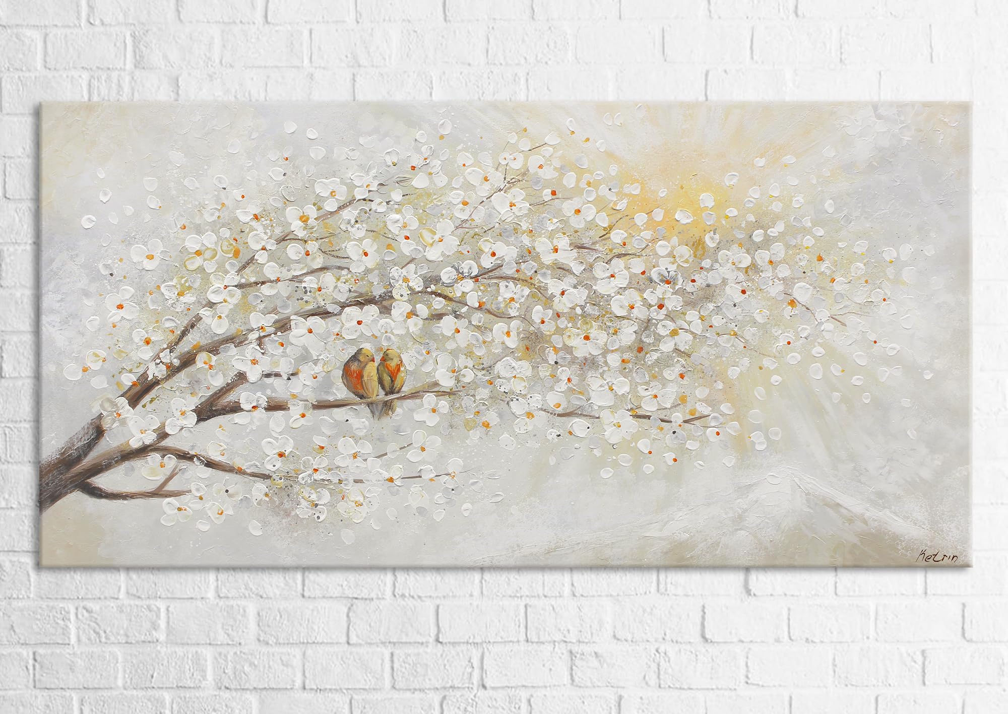 YS-Art Tableau Fleur de Cerisier Blanc avec Oiseaux, Peinture Acrylique Faite Main sur Toile pour Chambre Entrée Hôtel 200x100 cm