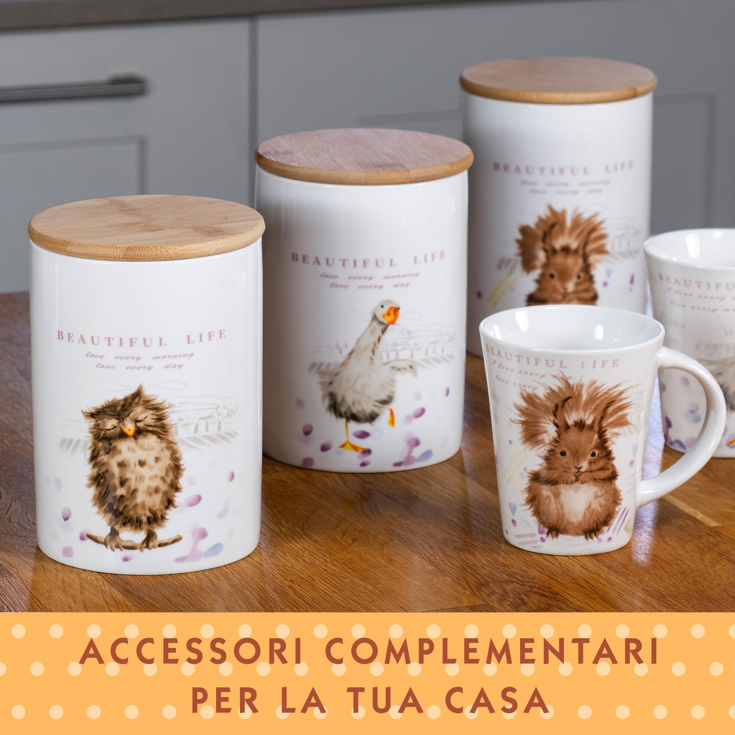 SPOTTED DOG GIFT COMPANY - Set di 3 barattoli da cucina a tema animale - per sale, zucchero, caffè - idee regalo - in ceramica con coperchio in legno - bianco - 1,2 L