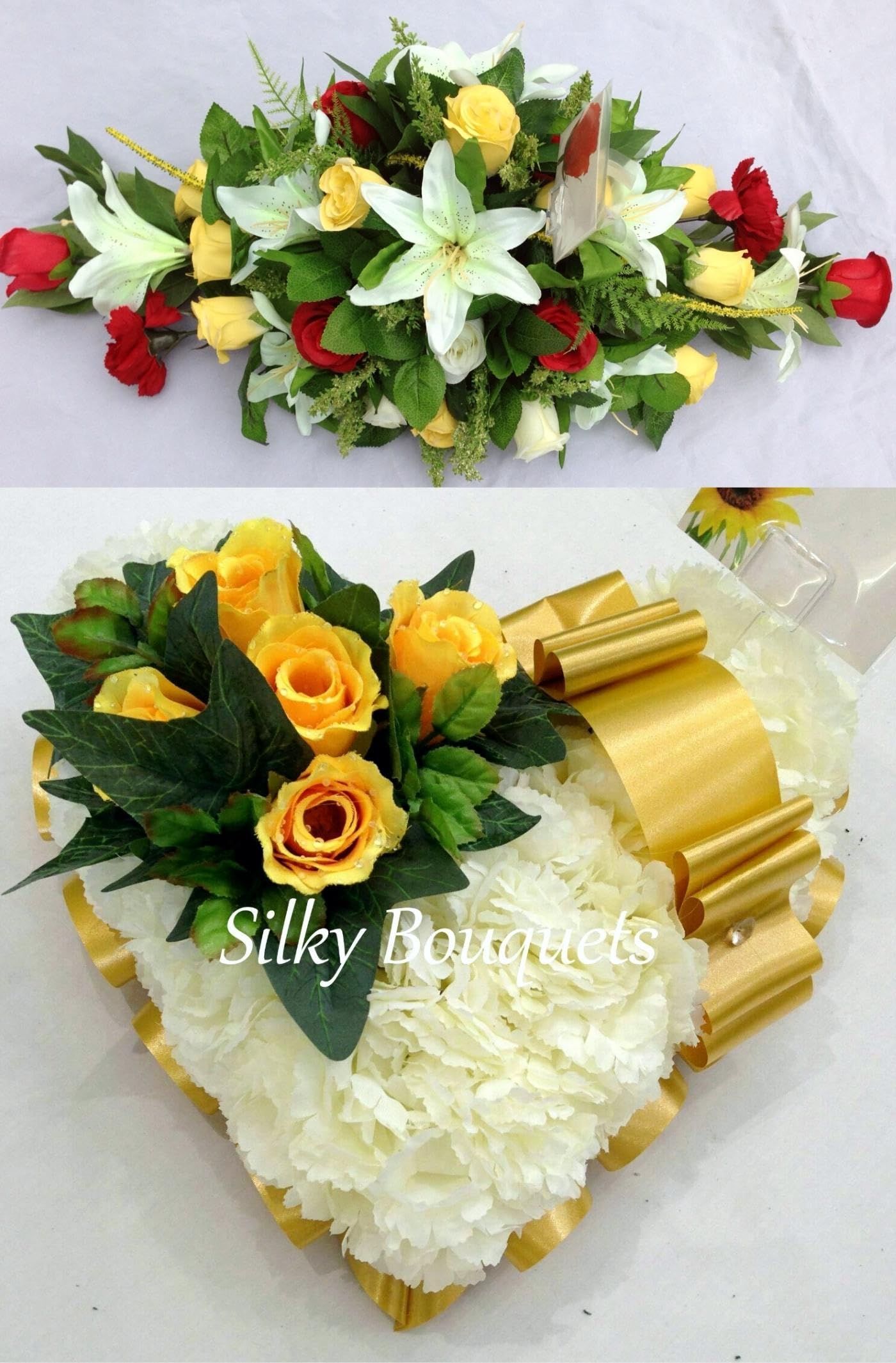 Artificial Silk Funeral Flower Package Heart Spray Mum Dad Son Baby Childrens (Silver)