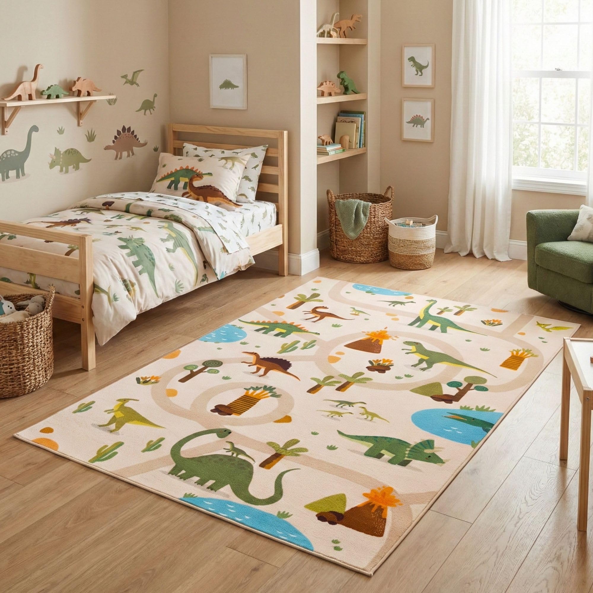 Carpetsale24 Dywan Dzieciecy Dinozaury Dywan do Zabawy do Pokoju Dzieciecego w Kolorze Beżowym Motyw Dino z Drogami rozmiar 120x170 cm idealny jako dywan do zabawy