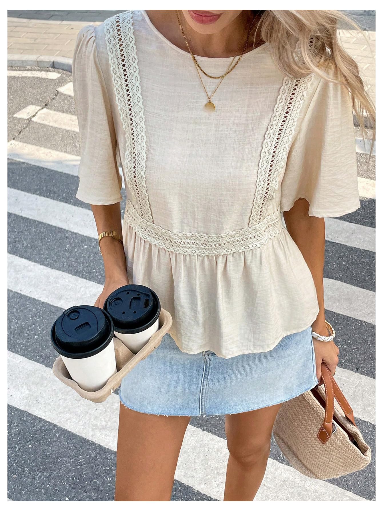 MakeMeChic Women's Bow Tie Back Blouse Crew Neck Ruffle Short Sleeve Shirt Tops