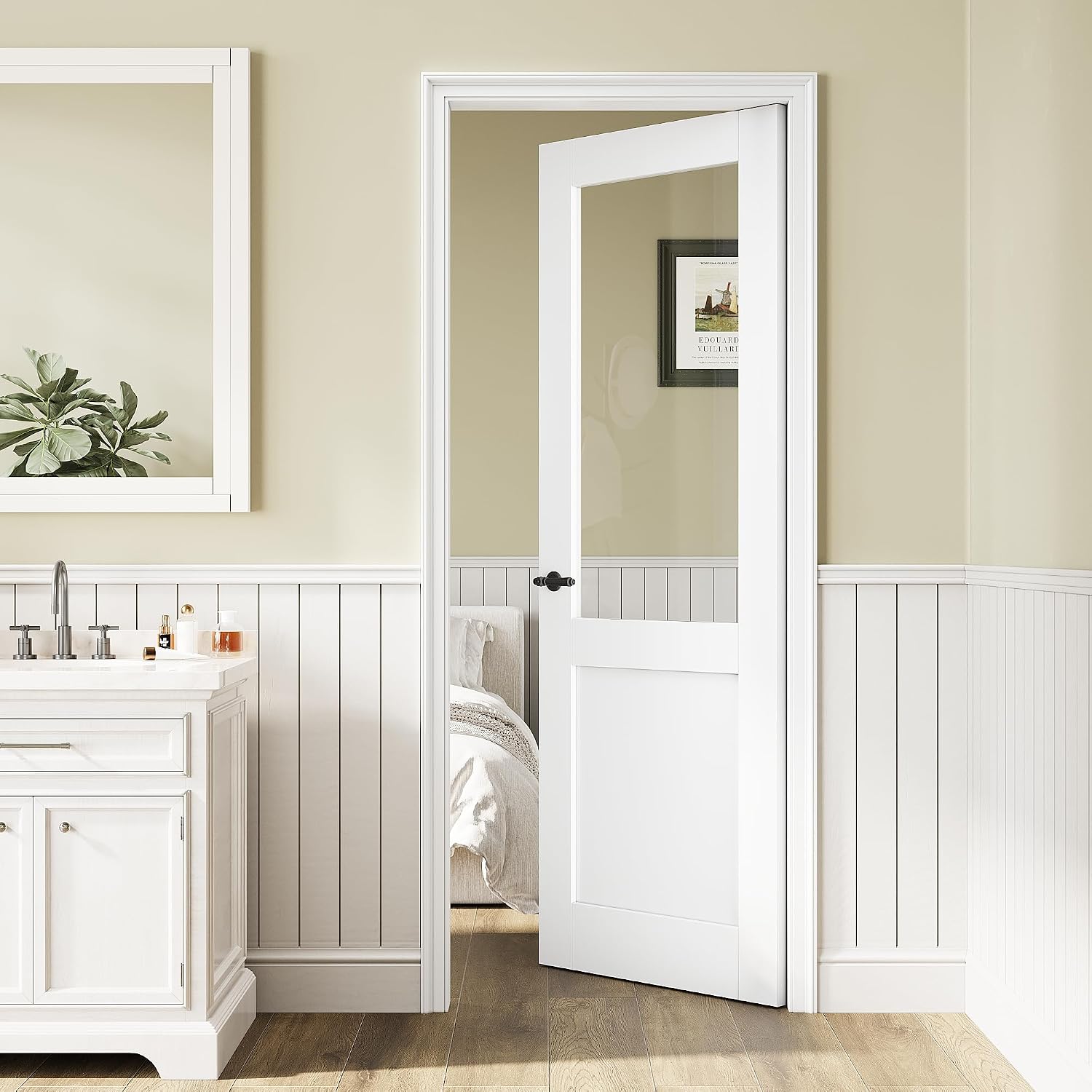 36" x 80" Half-Lite Clear Glass Interior Door, White Finished & Paintable, MDF Door Panel w/o Borehole or Hinges, as Barn, Prehung, Pocket Door of Double French Door Slab for Pantry, Laundry Door