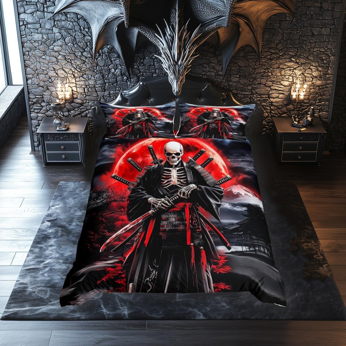 feelingyou Japanese Samurai Duvet Cover Single Size,Kids Japan Ukiyoe Soft Bedding Set,Sunset Comforter Cover Bedding 2 Piece (No Comforter),Scenery Silhouette Quilt Cover,1 Pillowcase
