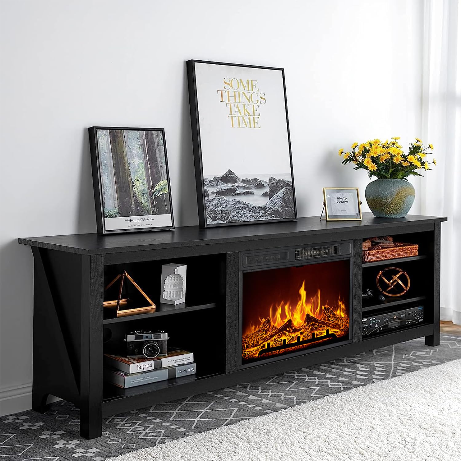 Fireplace TV Stand, Wood Texture Entertainment Center with 23'' Electric Fireplace, Farmhouse Entertainment Stand Media TV Console for TVs Up to 80'', 70 inches, Black