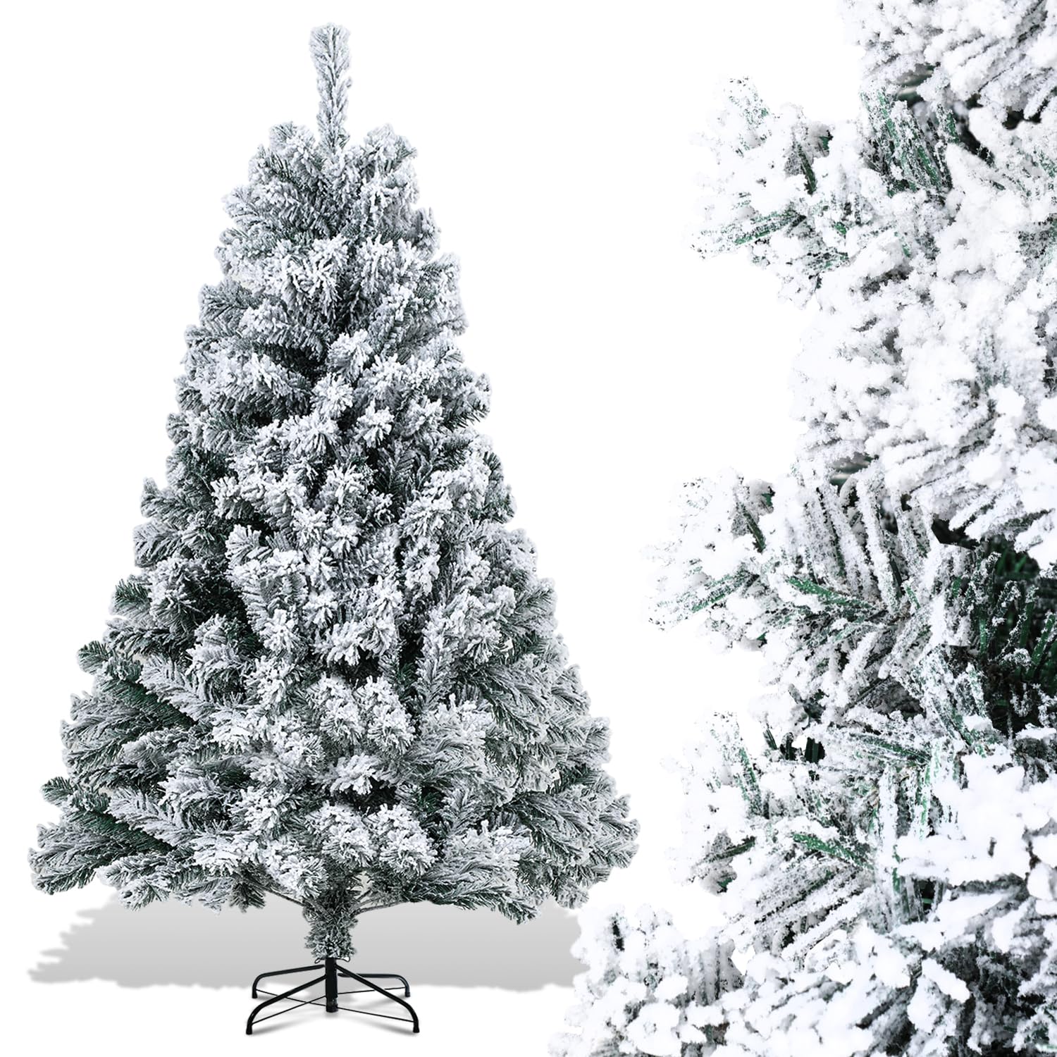 Randaco Sapin de Noël Artificiel en PVC floqué de Neige 150 cm - 550 Pointes avec Support en métal - Difficilement Inflammable - Montage Facile