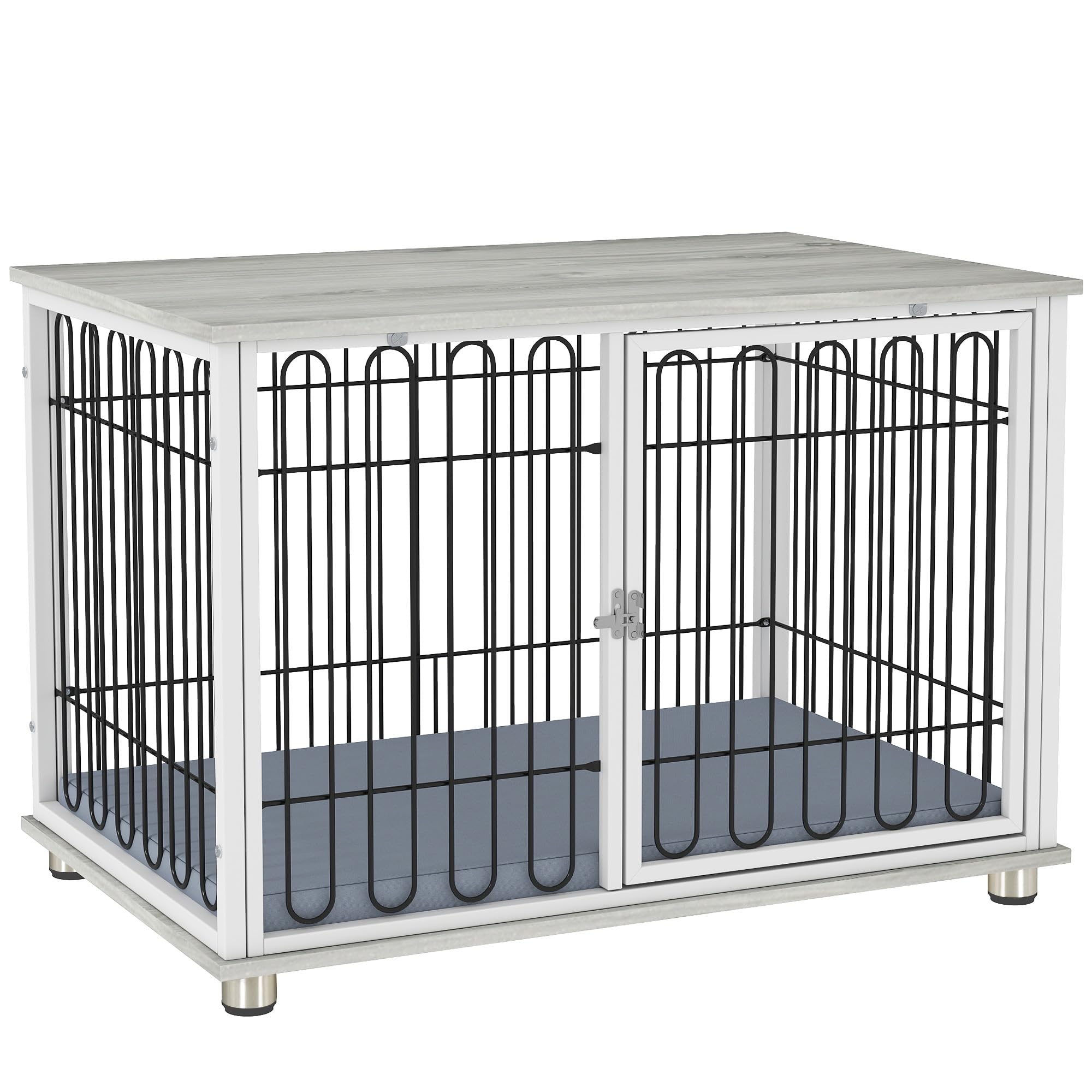 PawHut Cage pour Chien, Meuble Cage Chien intérieur avec Coussin, Pieds réglables, Table d'appoint, Fil d'acier Solide, pour Chiens Moyens jusqu'à 20 kg, 90 x 58 x 62,5 cm, Gris