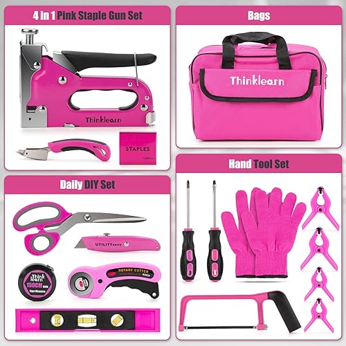 Miniatura 2 de Juego de 37 herramientas de grapas, 4 en 1, pistola de grapas de tapicería rosa con 800 grapas, pistola de grapas resistente para madera,