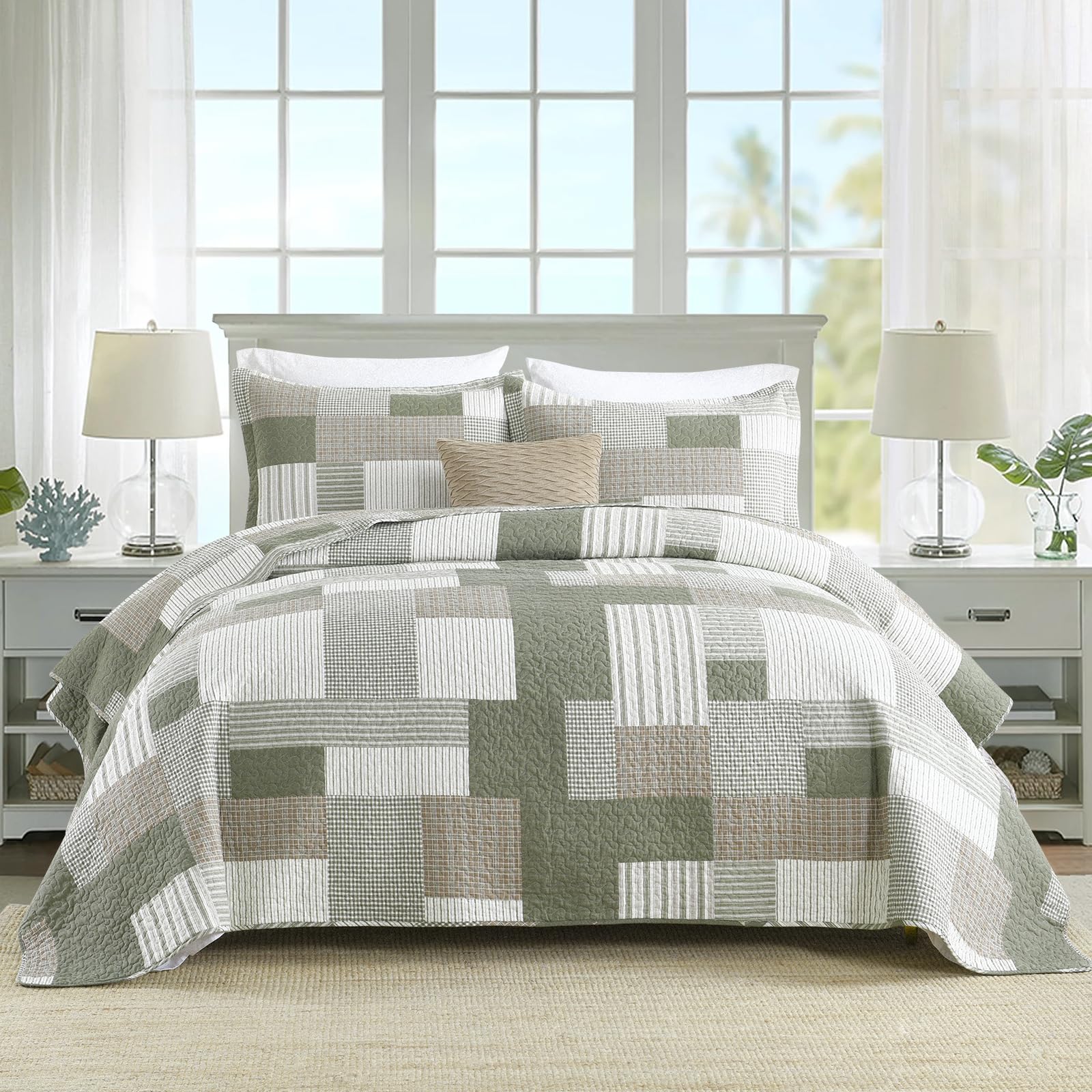 EWlinens 100% Cotton Quilts King Size, Patchwork Plaid King Quilts Bedding Set for All Season, Farmhouse Bedspreads Coverlet Set, 3pcs Lightweight Rustic Bedspread, Olive Green/Brown/White