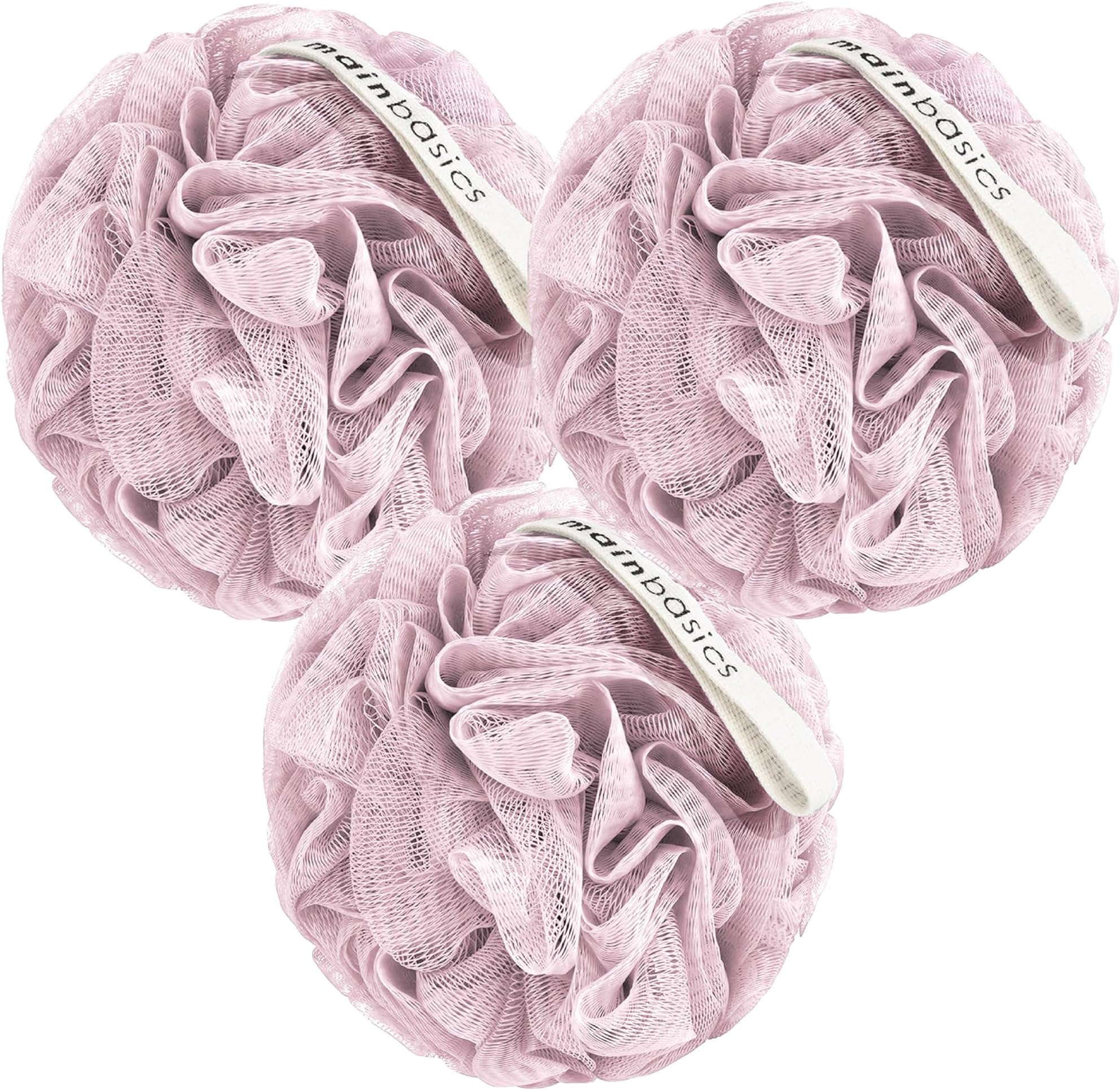 MainBasics Bath Shower Loofah Sponge Pouf Body Scrubber Exfoliator Body Wash Sponge (Set of 3, Perfectly Pink)