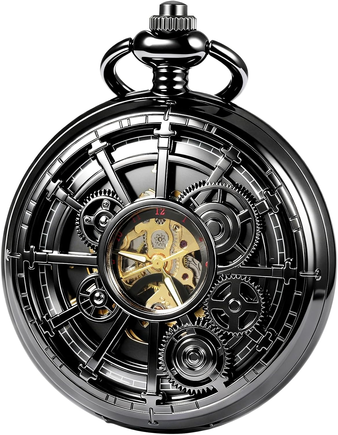 TREEWETO Pocket Watch Classic Smooth Double Case Mechanical Silver Pocket Watches Steampunk Roman Numerals Fob Watch for Men Women with Chain