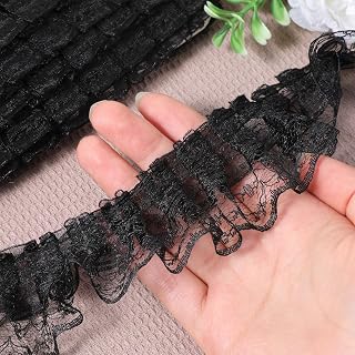5 Yards Black Lace Ruffle Trim for Crafts Layer Pleated Net Lace Edge Embroidered Sewing Ribbon Edging Trimmings Fabric for Wedding Bridal Dress Present Wrapping Decoration, Width 1-5/8"