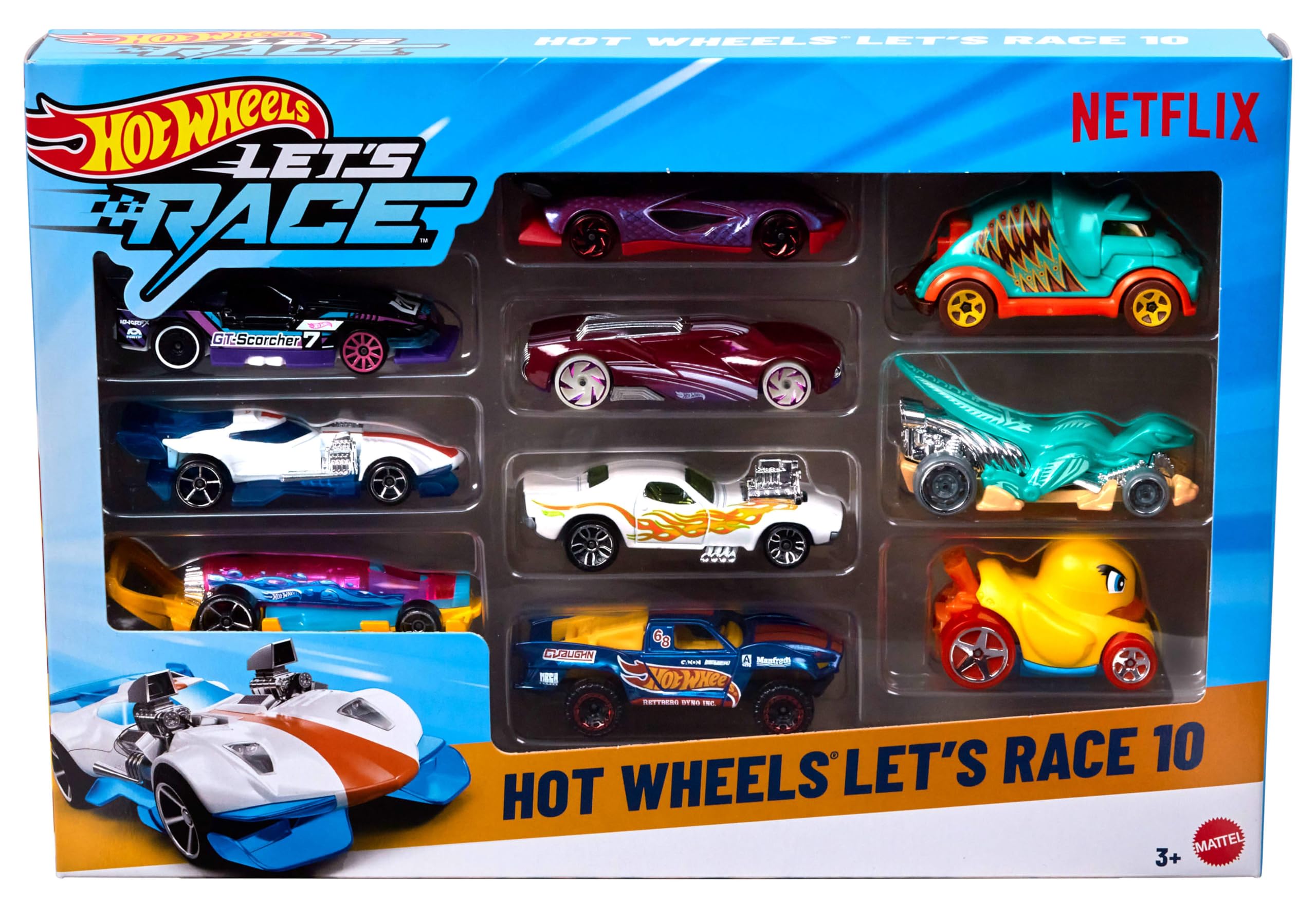 Hot Wheels Spielzeugautos und Spielzeugtrucks (verschiedene Modelle, zufälliges Set) – Let’s Race 10er-Pack mit 10 Fahrzeugen im Maßstab 1:64 aus der Netflix-Serie zum Spielen oder Ausstellen, JGN40