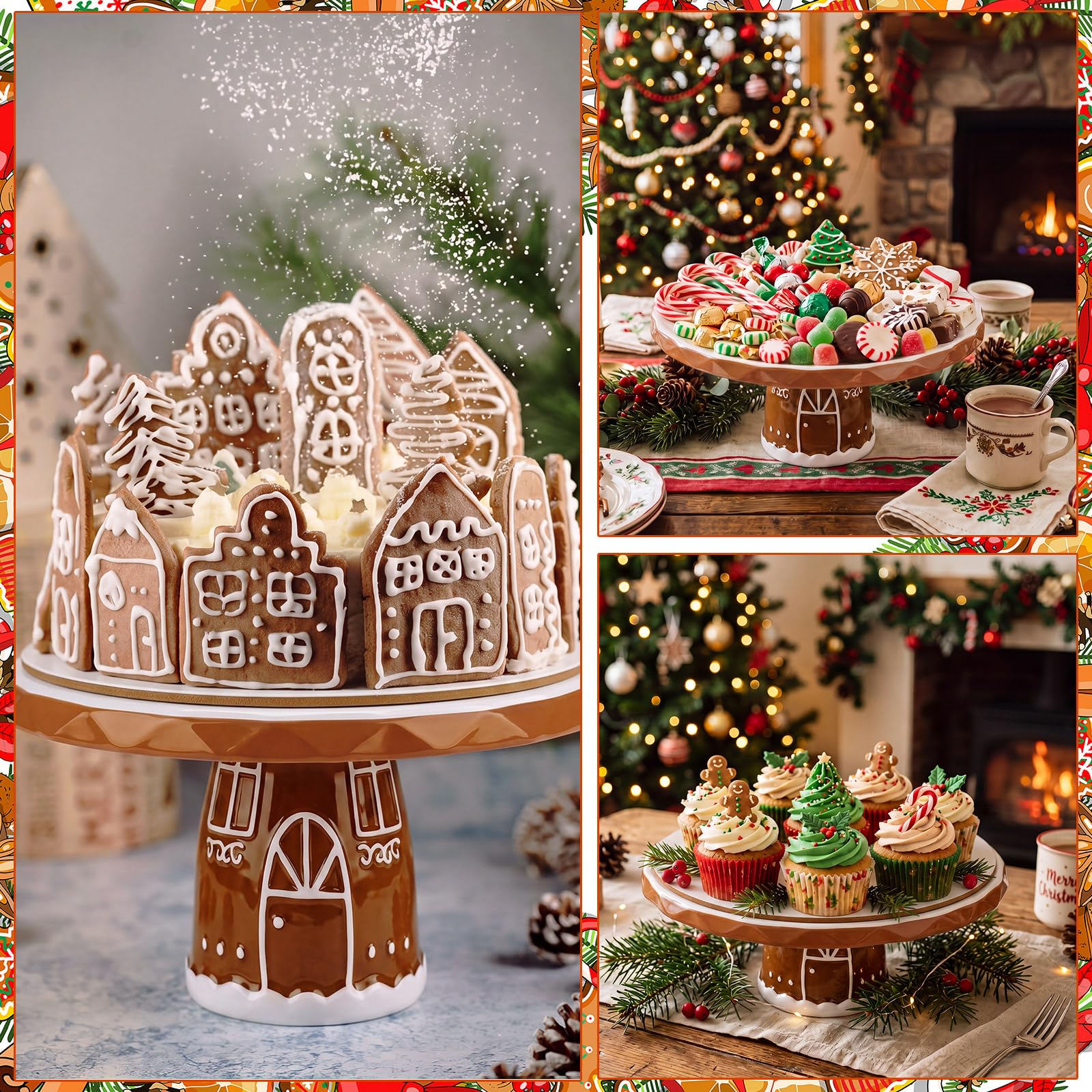 FillTouch Présentoir à gâteau de Noël en forme de maison en pain d'épices de 25,4 cm - Plateau de présentation à dessert en bois pour fête, dessert, fruits, hiver, mariage, anniversaire, décoration de