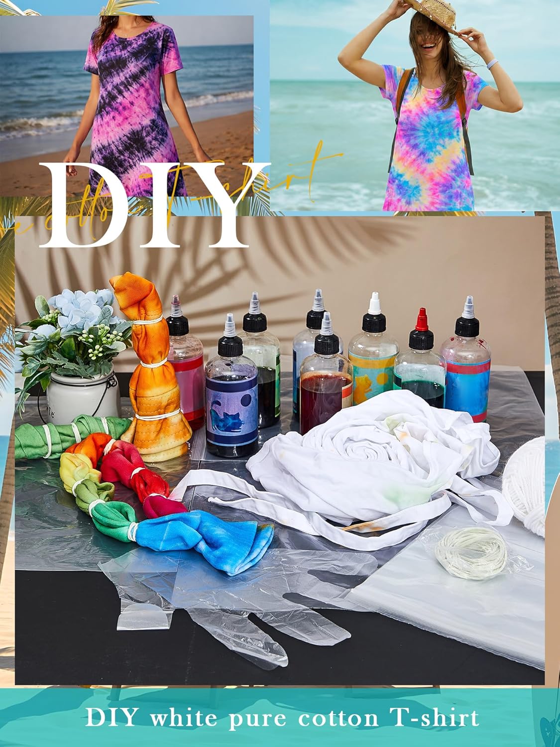 Silkfly 3 Pcs Tie Dye Dress Kit for Women Plus Size, Beach White Cotton T-Shirt for DIY, Loose Fit Summer Casual Dress (XXX-Large)