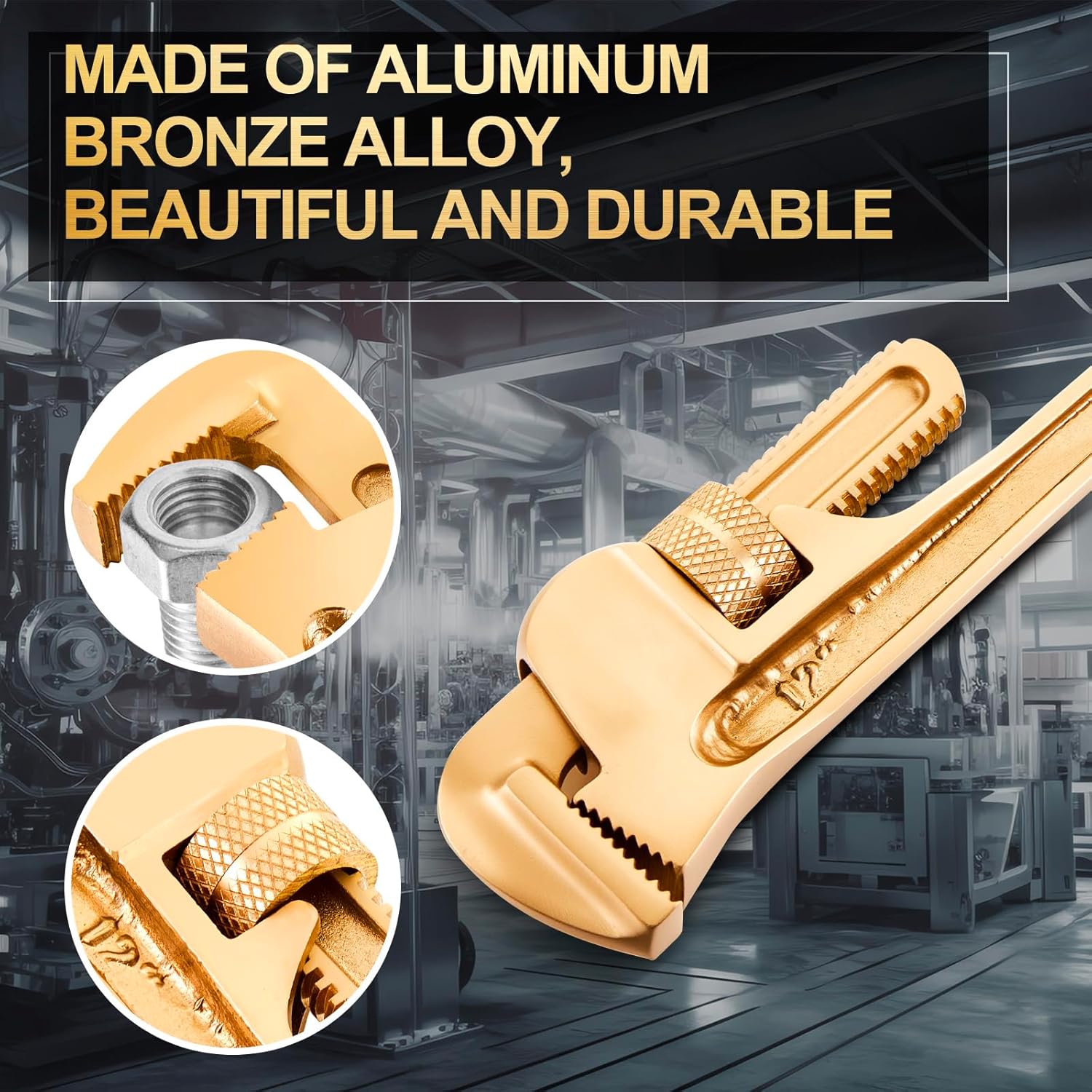 Hicarer Non Sparking Pipe Wrench Aluminum Bronze Spark-free Adjustable Pipe Spanner Straight Plumbing Wrench, Corrosion Resistant(12'')