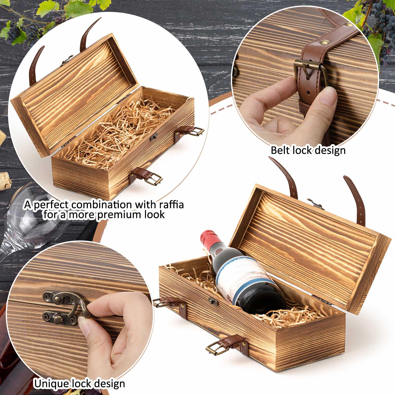 Briwooody Wein-Geschenkbox aus Holz, rustikale braune Weinboxen für Geschenke, Einzelflaschenhalter mit Lederschnallenriemen und Verriegelungsriegel, für Valentinstag, Geburtstag, Hochzeit, Champagner